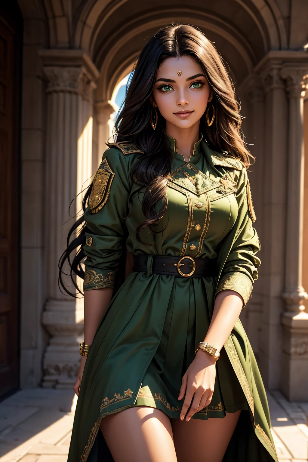A stunning Indian beauty, with bright green eyes, with dark brown-black long wavy long hair, with mesmerizing feature with a Hopeful smiling expression, finely detailed eyes, happy mood masterpiece, top quality, best quality, official art, beautiful and aesthetic:1.2), (1girl), extreme detailed,(fractal art:1.3), colorful, highest detailed, (masterpiece, best quality:1.3) 1 bright-green-eyed woman, professional digital painting, Unreal Engine 5. Wearing a black-double-breasted-military-trench coat with a black-star embroidered on the shoulder. Wearing a blue linen blouse. Wearing brown linen pleated knee length skirt.
