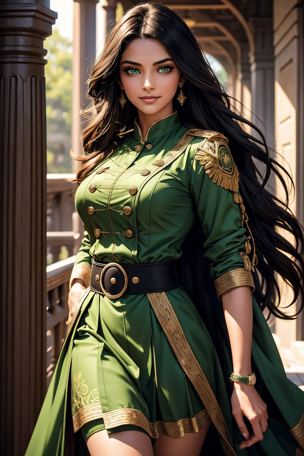 A stunning Indian beauty, with bright green eyes, with dark brown-black long wavy long hair, with mesmerizing feature with a Hopeful smiling expression, finely detailed eyes, happy mood masterpiece, top quality, best quality, official art, beautiful and aesthetic:1.2), (1girl), extreme detailed,(fractal art:1.3), colorful, highest detailed, (masterpiece, best quality:1.3) 1 bright-green-eyed woman, professional digital painting, Unreal Engine 5. Wearing a black-double-breasted-military-trench coat with a black-star embroidered on the shoulder. Wearing a blue linen blouse. Wearing brown linen pleated knee length skirt.
