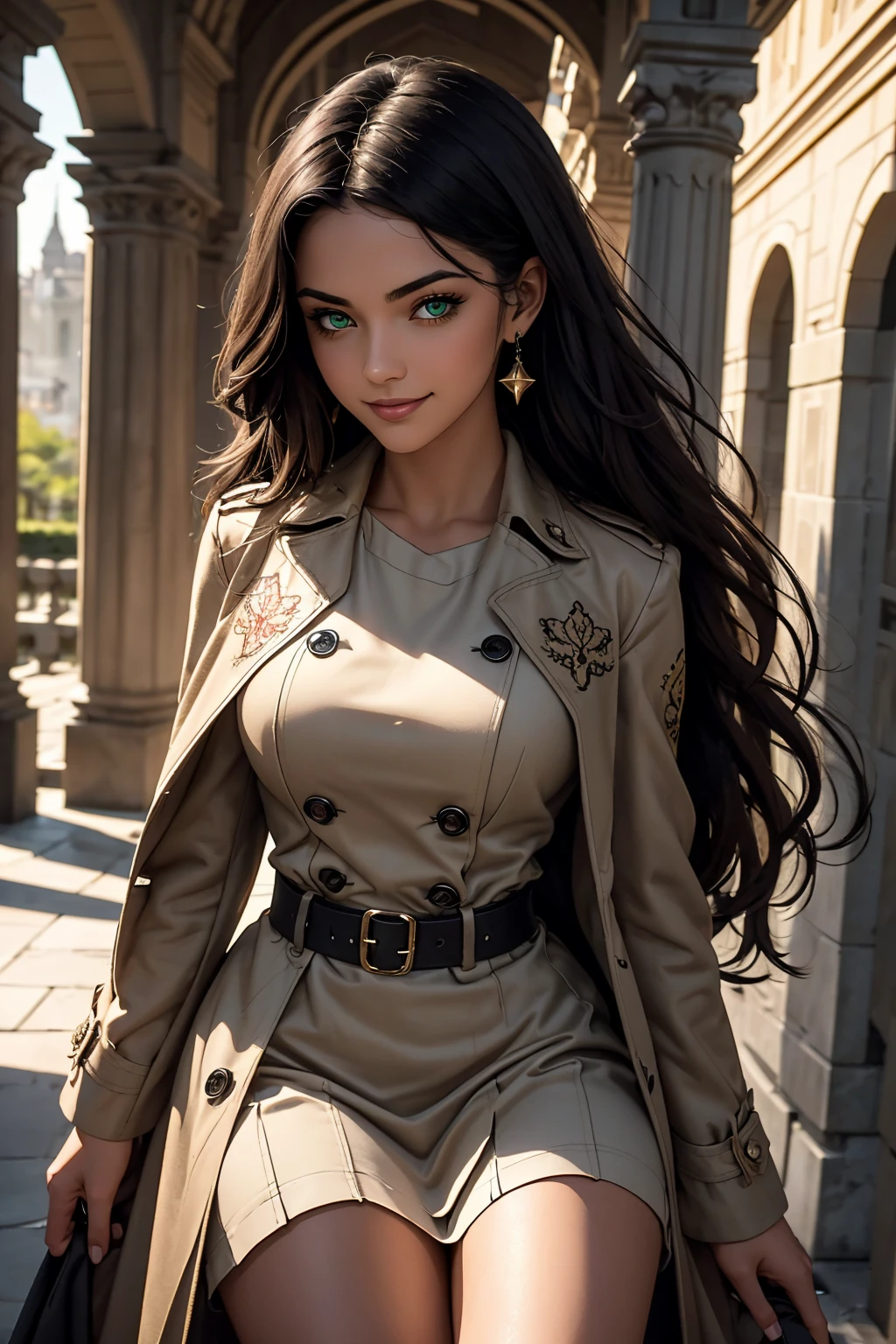 A stunning Indian beauty, with bright green eyes, with dark brown-black long wavy long hair, with mesmerizing feature with a Hopeful smiling expression, finely detailed eyes, happy mood masterpiece, top quality, best quality, official art, beautiful and aesthetic:1.2), (1girl), extreme detailed,(fractal art:1.3), colorful, highest detailed, (masterpiece, best quality:1.3) 1 bright-green-eyed woman, professional digital painting, Unreal Engine 5. Wearing a black-double-breasted-military-trench coat with a black-star embroidered on the shoulder. Wearing a blue linen blouse. Wearing brown linen pleated knee length skirt.
