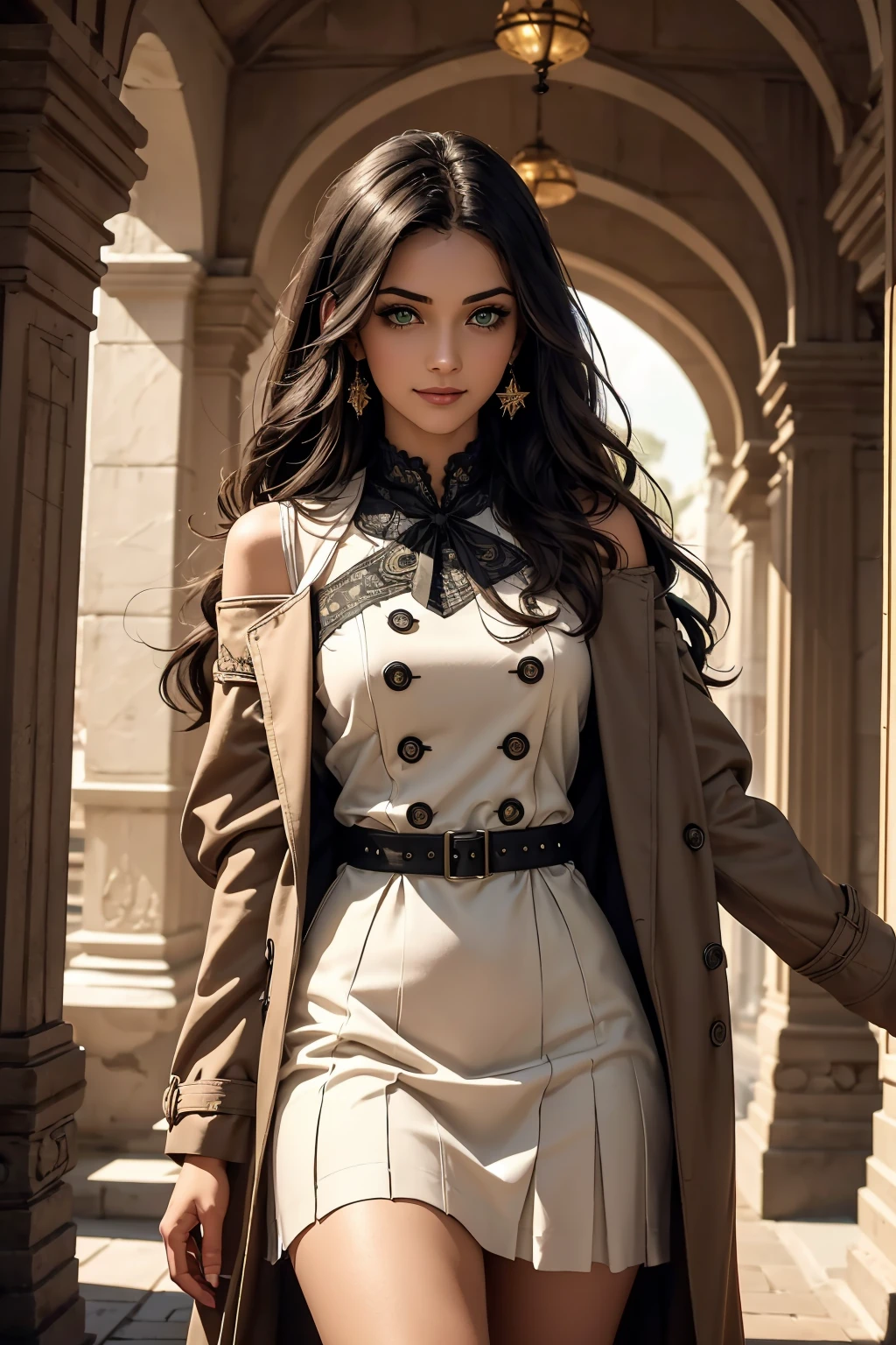 A stunning Indian beauty, with bright green eyes, with dark brown-black long wavy long hair, with mesmerizing feature with a Hopeful smiling expression, finely detailed eyes, happy mood masterpiece, top quality, best quality, official art, beautiful and aesthetic:1.2), (1girl), extreme detailed,(fractal art:1.3), colorful, highest detailed, (masterpiece, best quality:1.3) 1 bright-green-eyed woman, professional digital painting, Unreal Engine 5. Wearing a black-double-breasted-military-trench coat with a black-star embroidered on the shoulder. Wearing a blue linen blouse. Wearing brown linen pleated knee length skirt.
