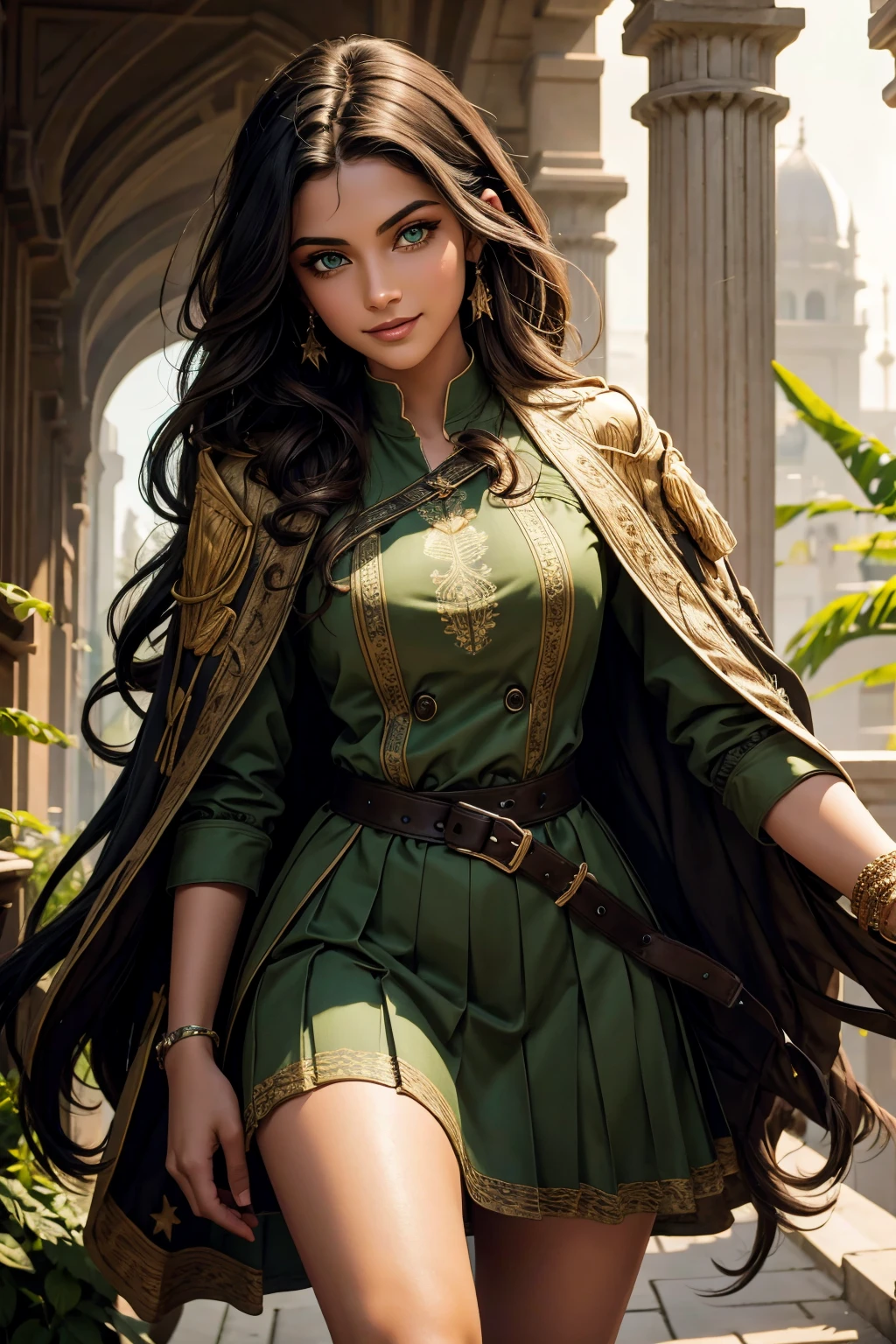 A stunning Indian beauty, with bright green eyes, with dark brown-black long wavy long hair, with mesmerizing feature with a Hopeful smiling expression, finely detailed eyes, happy mood masterpiece, top quality, best quality, official art, beautiful and aesthetic:1.2), (1girl), extreme detailed,(fractal art:1.3), colorful, highest detailed, (masterpiece, best quality:1.3) 1 bright-green-eyed woman, professional digital painting, Unreal Engine 5. Wearing a black-double-breasted-military-trench coat with a black-star embroidered on the shoulder. Wearing a blue linen blouse. Wearing brown linen pleated knee length skirt.
