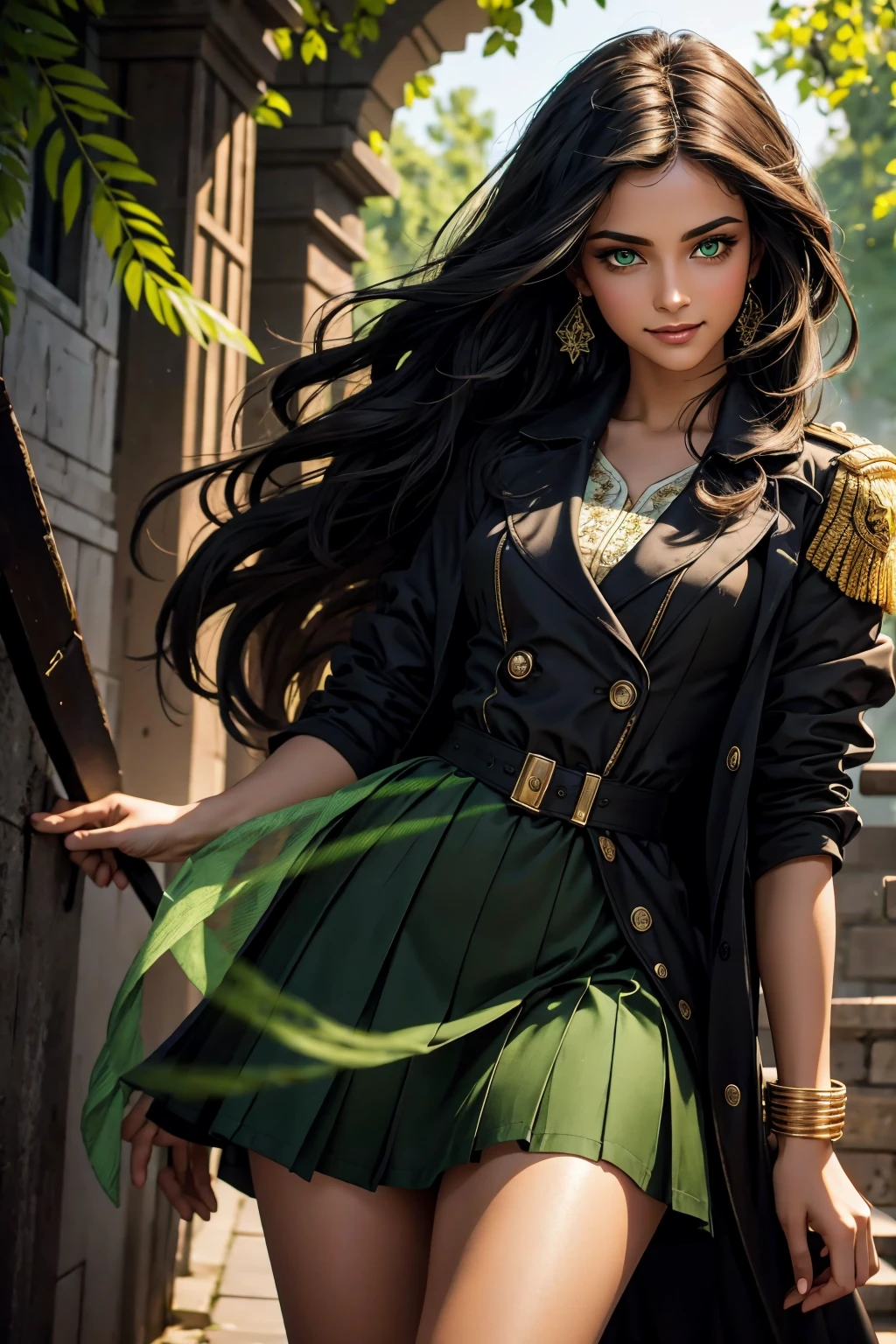 A stunning Indian beauty, with bright green eyes, with dark brown-black long wavy long hair, with mesmerizing feature with a Hopeful smiling expression, finely detailed eyes, happy mood masterpiece, top quality, best quality, official art, beautiful and aesthetic:1.2), (1girl), extreme detailed,(fractal art:1.3), colorful, highest detailed, (masterpiece, best quality:1.3) 1 bright-green-eyed woman, professional digital painting, Unreal Engine 5. Wearing a black-double-breasted-military-trench coat with a black-star embroidered on the shoulder. Wearing a blue linen blouse. Wearing brown linen pleated knee length skirt.
