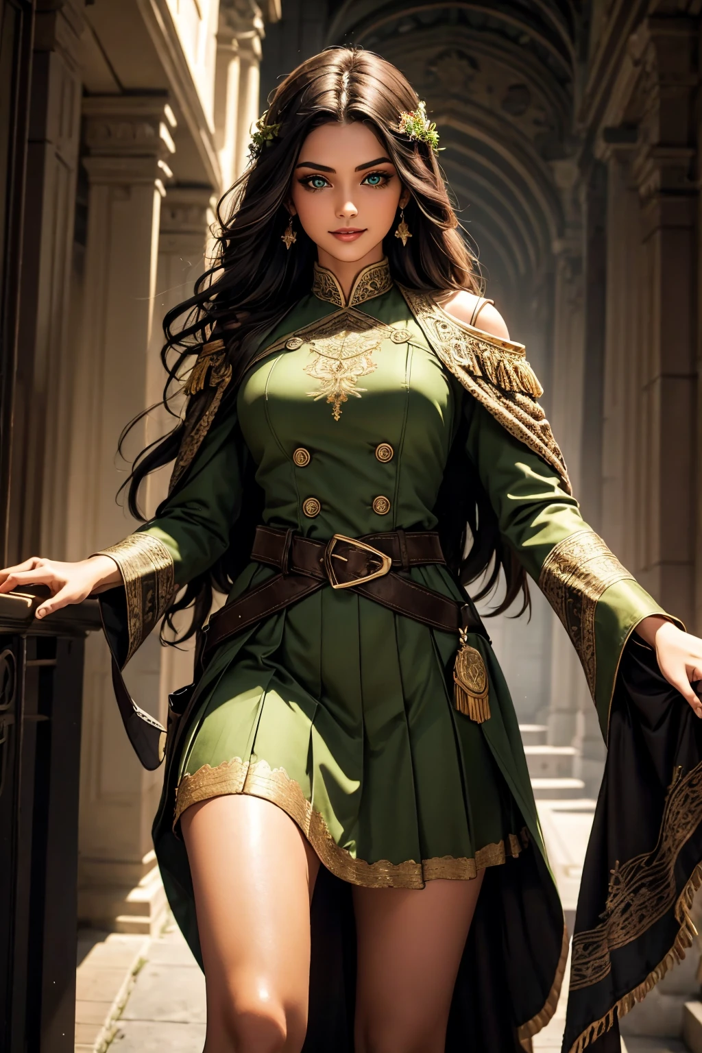 A stunning Indian beauty, with bright green eyes, with dark brown-black long wavy long hair, with mesmerizing feature with a Hopeful smiling expression, finely detailed eyes, happy mood masterpiece, top quality, best quality, official art, beautiful and aesthetic:1.2), (1girl), extreme detailed,(fractal art:1.3), colorful, highest detailed, (masterpiece, best quality:1.3) 1 bright-green-eyed woman, professional digital painting, Unreal Engine 5. Wearing a black-double-breasted-military-trench coat with a black-star embroidered on the shoulder. Wearing a blue linen blouse. Wearing brown linen pleated knee length skirt.
