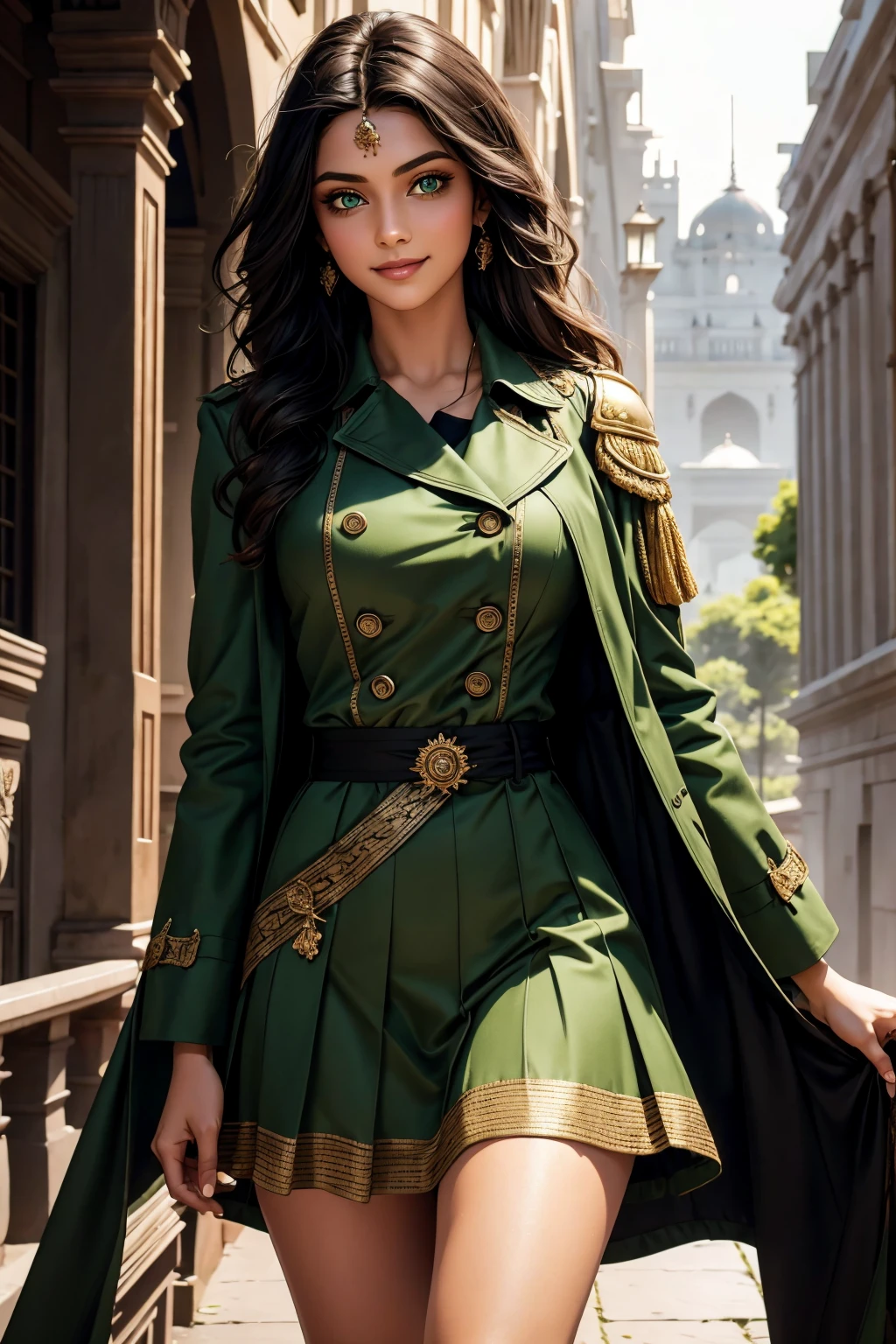 A stunning Indian beauty, with bright green eyes, with dark brown-black long wavy long hair, with mesmerizing feature with a Hopeful smiling expression, finely detailed eyes, happy mood masterpiece, top quality, best quality, official art, beautiful and aesthetic:1.2), (1girl), extreme detailed,(fractal art:1.3), colorful, highest detailed, (masterpiece, best quality:1.3) 1 bright-green-eyed woman, professional digital painting, Unreal Engine 5. Wearing a black-double-breasted-military-trench coat with a black-star embroidered on the shoulder. Wearing a blue linen blouse. Wearing brown linen pleated knee length skirt.
