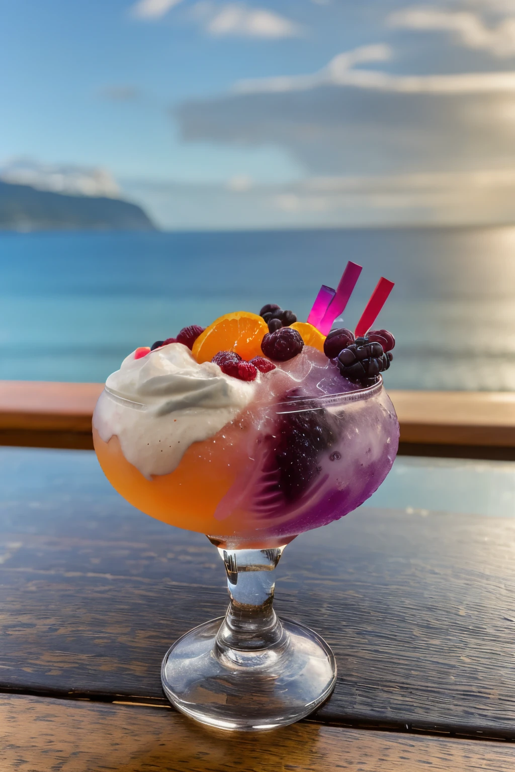 cocktail, cocktailer ,god_father, Tangerine, cinnamon, masterpiece, best quality, photorealistic, landscape: Sea, mountains, Palm trees, Beach, Magnificent sunrise, rainbow whipped cream, Colorful, Faceted glass, amethyst crystal, mother-of-pearl shimmers, Multicolored, Different, Berry yogurt, CocktailWorld, scenery, landscape, Street, Depth of field , ((blurred background)), Masterpiece, Best Quality, ultra detail, (((Multi-layered jelly))) glass, stained glass windows, tmasterpiece, Top Quality, Experience,