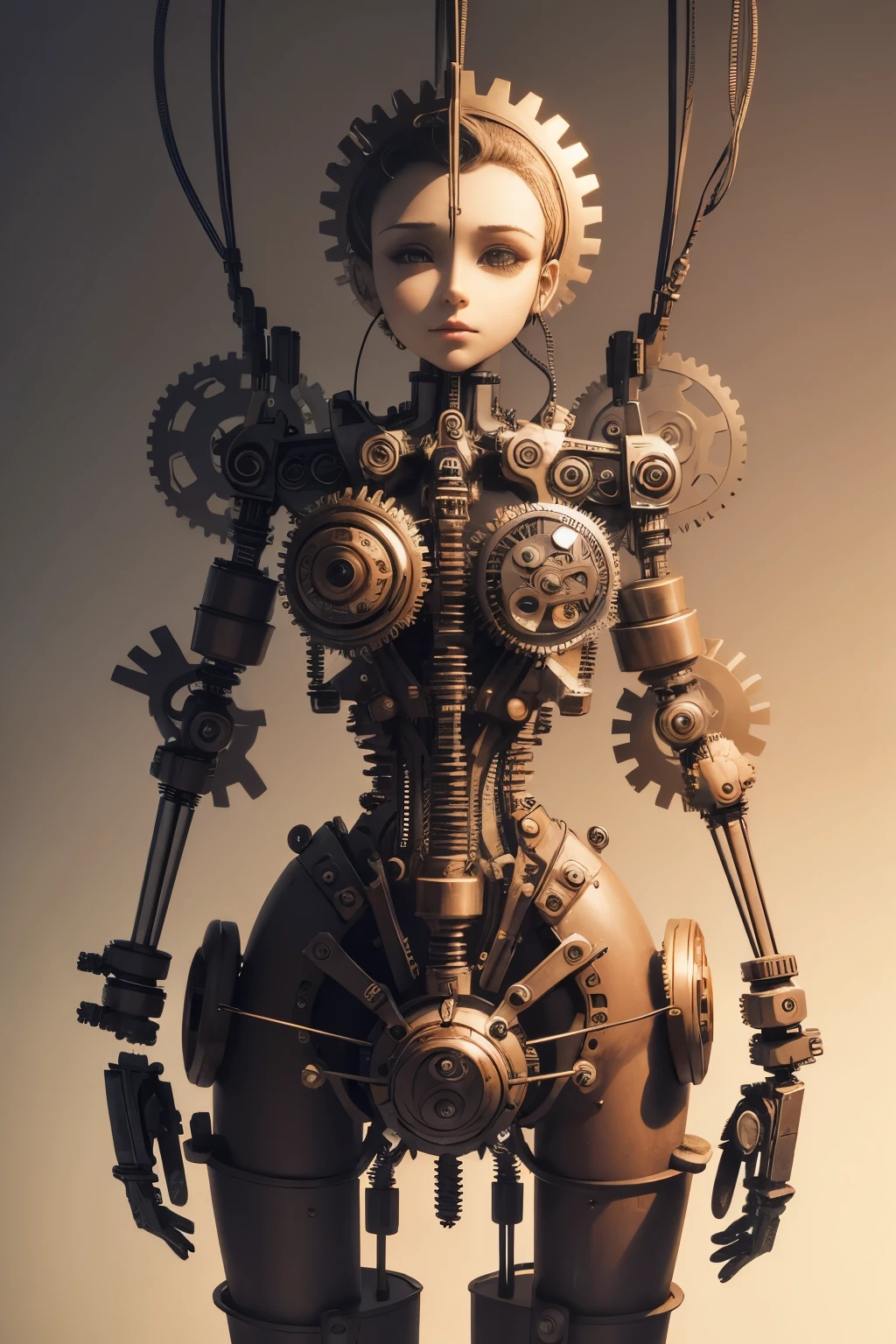 (copper-colored body), Naked Clockwork Woman, beautiful face, Victorian, ((transparent glass upper torso, gears inside)), copper colored gears, articulated arms, articulated legs, Victorian clothing, ((serving tea)), (action), high detail, photorealistic, film grain