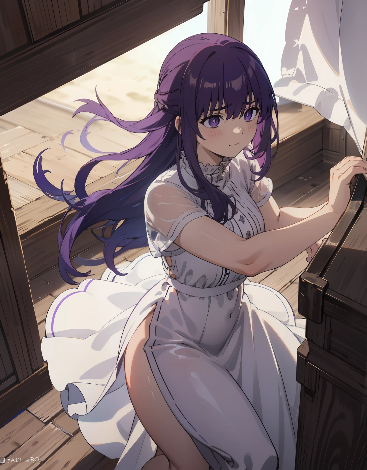 (best quality, masterpiece),Sexy, ??????, 1 girl, 18 years old, despise, pride, long purple hair, looking at the audience, Medieval tavern, (Permanently installed), ((darkroom)), (half-closure eyes:1.1),shadow face,angry,closure_Mouth, perfect hands, bedroom, , white dress, Thick thighs
