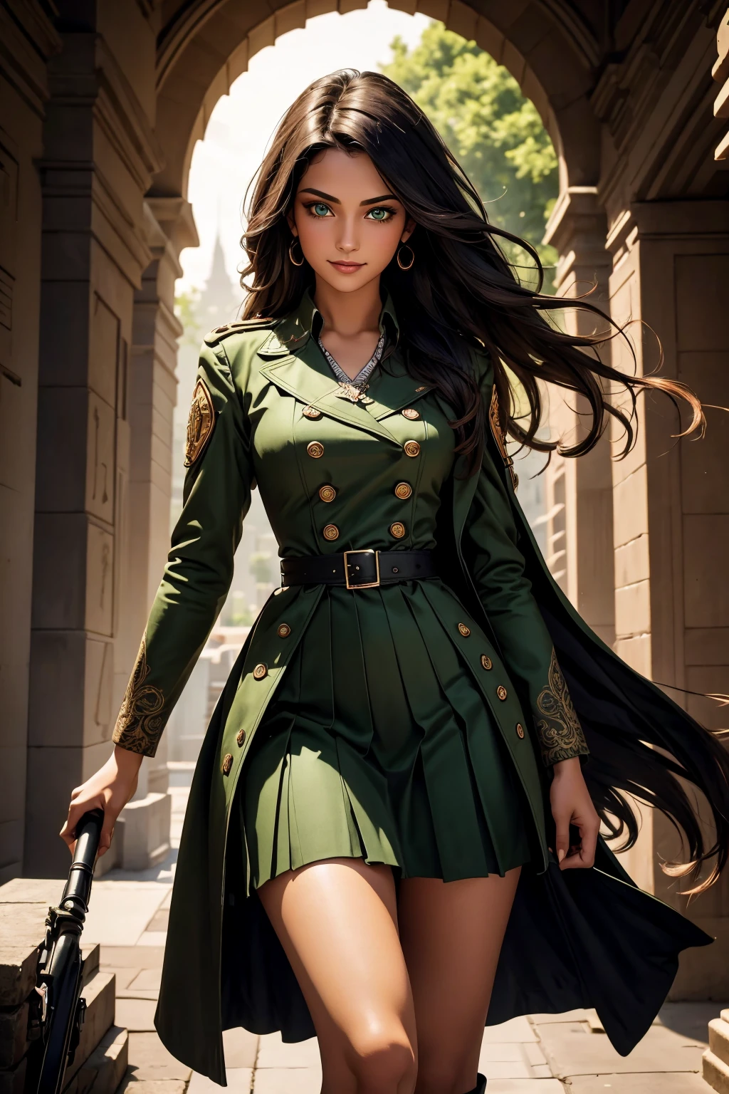 A stunning Indian beauty, with bright green eyes, with dark brown-black long wavy long hair, with mesmerizing feature with a Hopeful smiling expression, finely detailed eyes, happy mood masterpiece, top quality, best quality, official art, beautiful and aesthetic:1.2), (1girl), extreme detailed,(fractal art:1.3), colorful, highest detailed, (masterpiece, best quality:1.3) 1 bright-green-eyed woman, professional digital painting, Unreal Engine 5. Wearing a black-double-breasted-military-trench coat with a black-star embroidered on the shoulder. Wearing a blue linen blouse. Wearing brown linen pleated knee length skirt.
