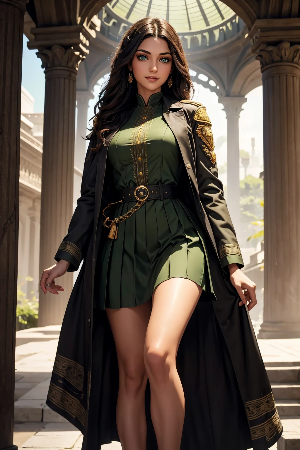 A stunning Indian beauty, with bright green eyes, with dark brown-black long wavy long hair, with mesmerizing feature with a Hopeful smiling expression, finely detailed eyes, happy mood masterpiece, top quality, best quality, official art, beautiful and aesthetic:1.2), (1girl), extreme detailed,(fractal art:1.3), colorful, highest detailed, (masterpiece, best quality:1.3) 1 bright-green-eyed woman, professional digital painting, Unreal Engine 5. Wearing a black-double-breasted-military-trench coat with a black-star embroidered on the shoulder. Wearing a blue linen blouse. Wearing brown linen pleated knee length skirt.

