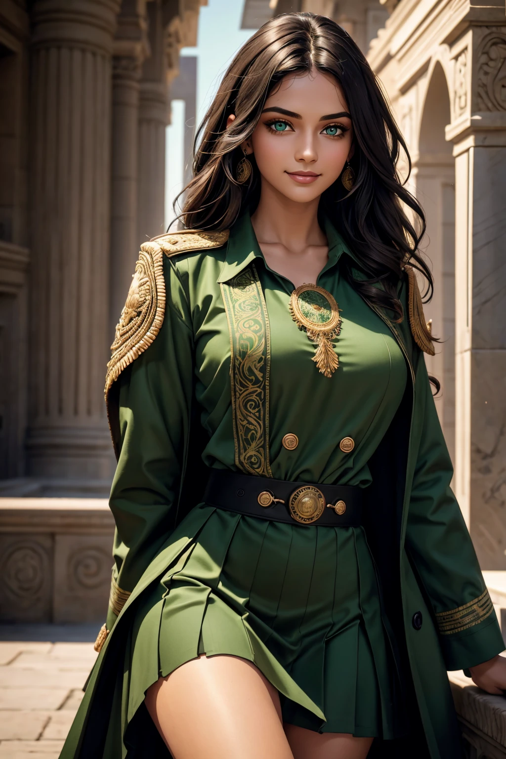 A stunning Indian beauty, with bright green eyes, with dark brown-black long wavy long hair, with mesmerizing feature with a Hopeful smiling expression, finely detailed eyes, happy mood masterpiece, top quality, best quality, official art, beautiful and aesthetic:1.2), (1girl), extreme detailed,(fractal art:1.3), colorful, highest detailed, (masterpiece, best quality:1.3) 1 bright-green-eyed woman, professional digital painting, Unreal Engine 5. Wearing a black-double-breasted-military-trench coat with a black-star embroidered on the shoulder. Wearing a blue linen blouse. Wearing brown linen pleated knee length skirt.
