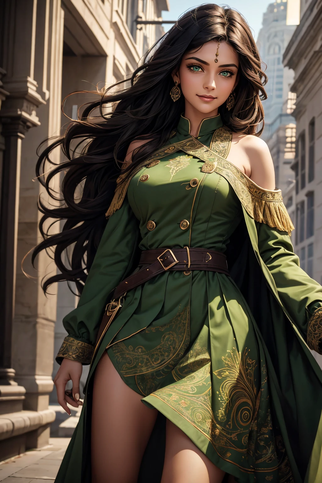 A stunning Indian beauty, with bright green eyes, with dark brown-black long wavy long hair, with mesmerizing feature with a Hopeful smiling expression, finely detailed eyes, happy mood masterpiece, top quality, best quality, official art, beautiful and aesthetic:1.2), (1girl), extreme detailed,(fractal art:1.3), colorful, highest detailed, (masterpiece, best quality:1.3) 1 bright-green-eyed woman, professional digital painting, Unreal Engine 5. Wearing a black-double-breasted-military-trench coat with a black-star embroidered on the shoulder. Wearing a blue linen blouse. Wearing brown linen pleated knee length skirt.
