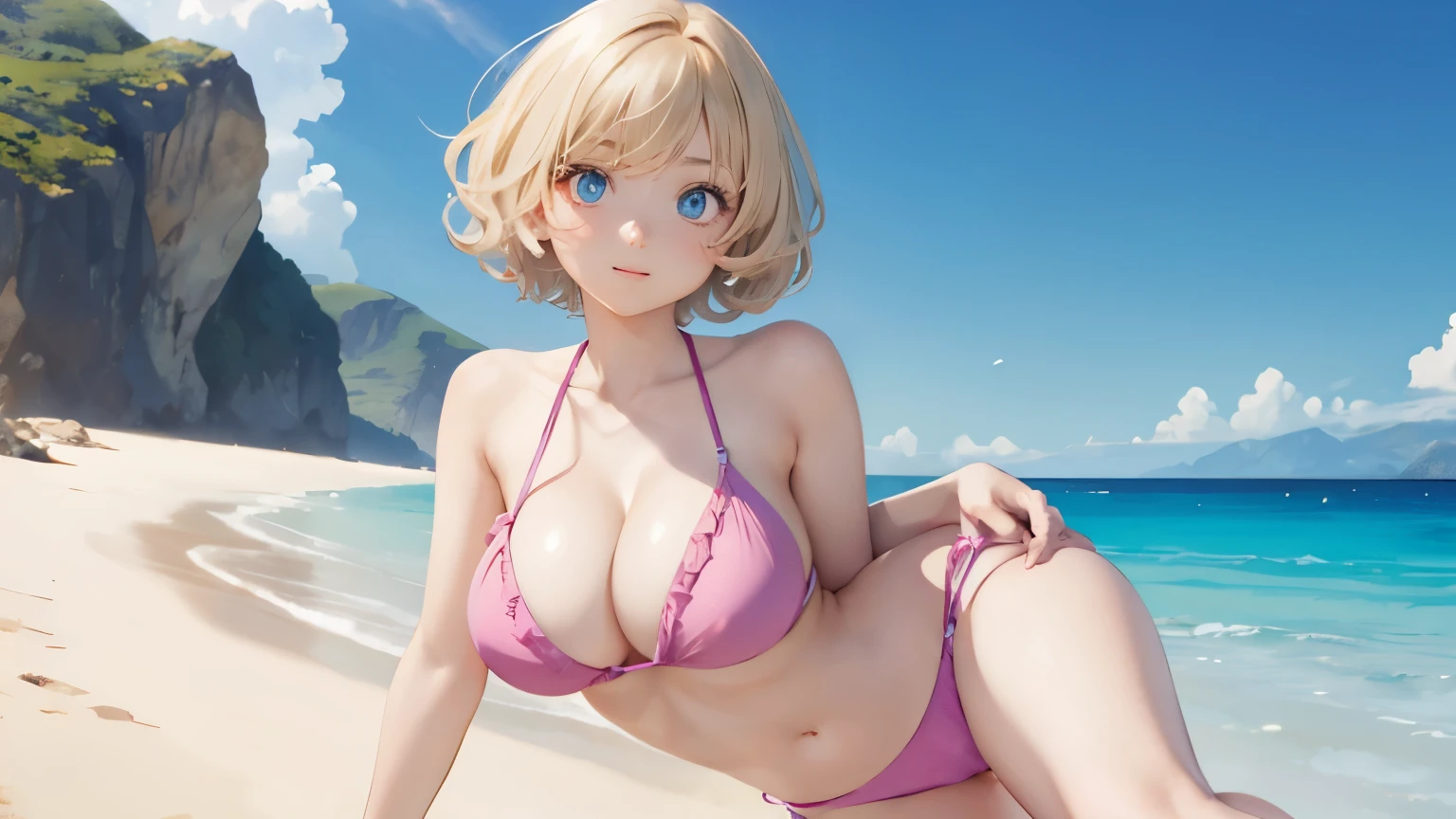 (masterpiece:1.2), (highest quality:1.2),, Curvy but slender body, perfect eyes, perfect face, perfect lighting, 2 girls, ，walk on the beach，I can see your feet，（pink bikini），（ruffle bikini），（whole bodyのフルショット），（short hair），（smile），curly hair, fine clothes, detailed outdoor background, compensate, eye shadow, thick eyelashes, fantasy, looking at the viewer, whole body、blue sky、Bright and beautiful face、young shiny glossy white shiny skin、the best beauty、the most beautiful bright blonde hair in the world、thin hair、short hair、Shining beautiful bangs、big shining blue eyes、very beautiful and nice 18 years old, the most beautiful girl in the world、small breasts