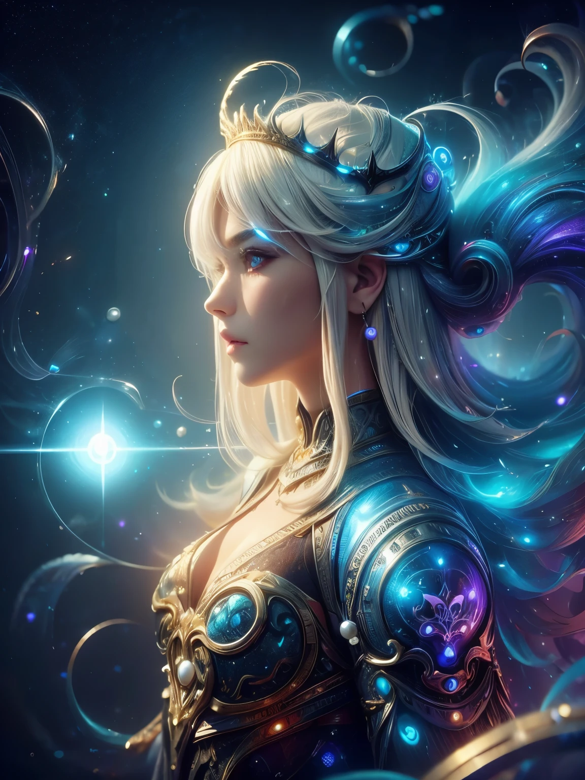 ((upper body)), best quality, masterpiece, a Japanese woman with ((Luminescence white hair)), ((detailed pearl blue eye)), high detailed goddess soul, focus on character, solo, (style swirl magic), solo, from front, front view, looking at viewer, detailed face, ((Luminescence Lighting Magic Circle theme)), perched on a ledge, tight neon body, light streaks, dark abyssal wanderer abstract, ((Simple Luminescence Neon Gown)), inscribed with mystical runes, outdoor dystopian background,