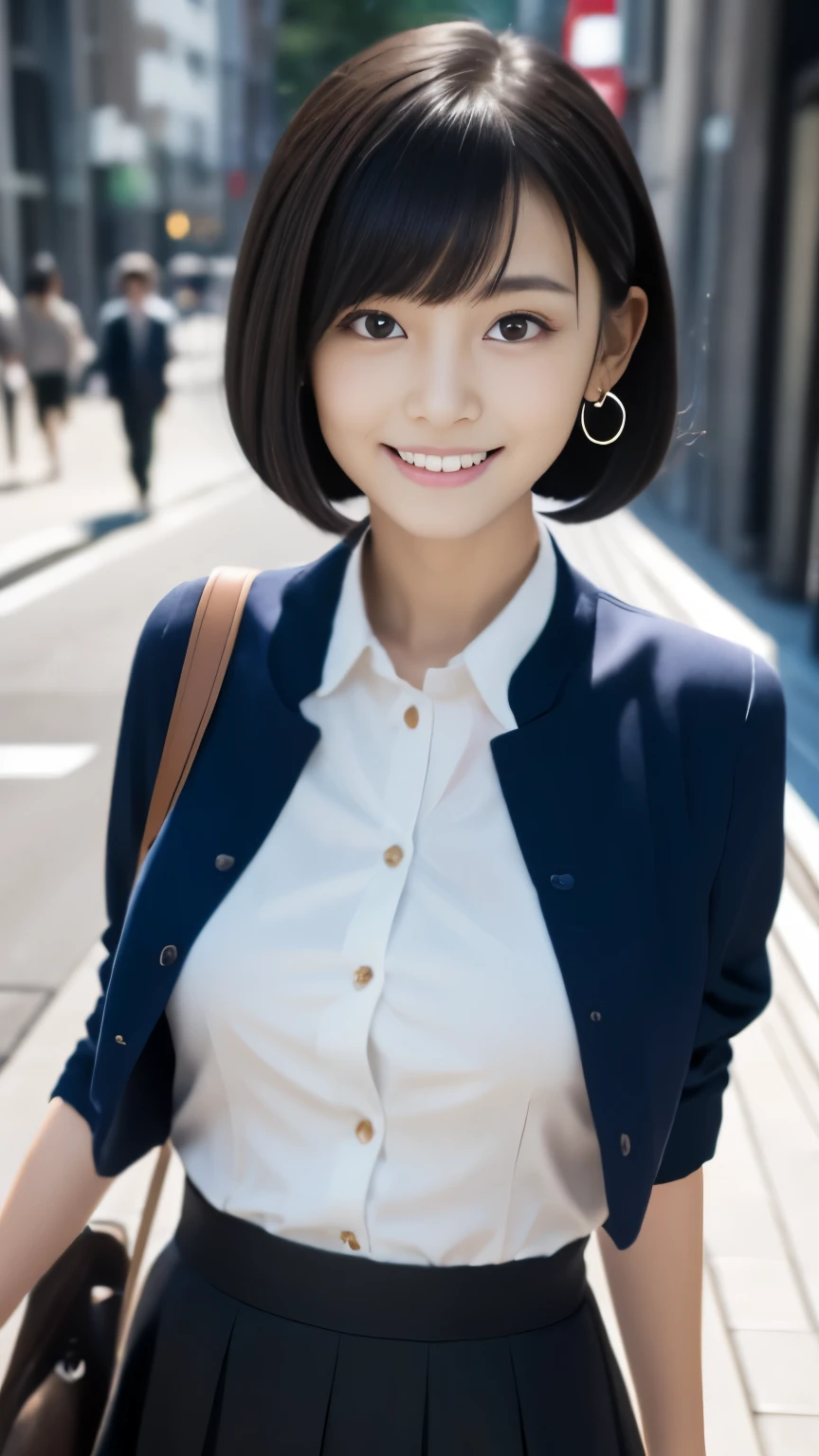 (Masterpiece, Best quality, RAW photo, Surrealism, 8k, Super detailed, Super beautiful), 
(Anatomically correct, Perfect human body, Silky skin, Realistic skin, maiko, ************, Japanese girl, Idle face, Slim waist, Slender legs, Large breast, Baby face, Beautiful and cute face), 
(Round face, Black hair, Moist eyes, Shining eyes, Short bob cut, Bangs, Down-slating eyebrows, one little earring, Light blush), 
(turn the body forward), (Look at the viewer), 
(goddess smile), 
(Flare long skirt, jacket, long gilet, luxury business bag)
(Morning work time, City sidewalk, Tokyo, luxury buildings, large number of passersby), 
Natural lighting, full length, whole body, angle from below