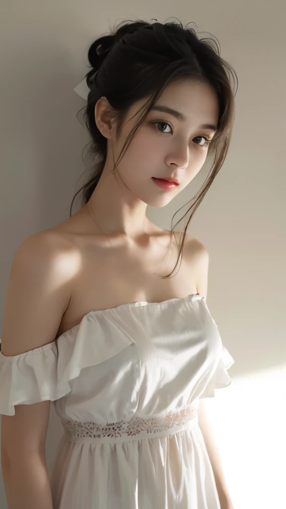 best quality,masterpiece,ultra high resolution,(realism:1.4),original photo,1 girl,take off shoulders,in the dark night,deep shadow,low pitch,cold light,long white hair,face highlight,pure,Full of girly feeling,18 years old,cheongsam,ginkgo,exterior