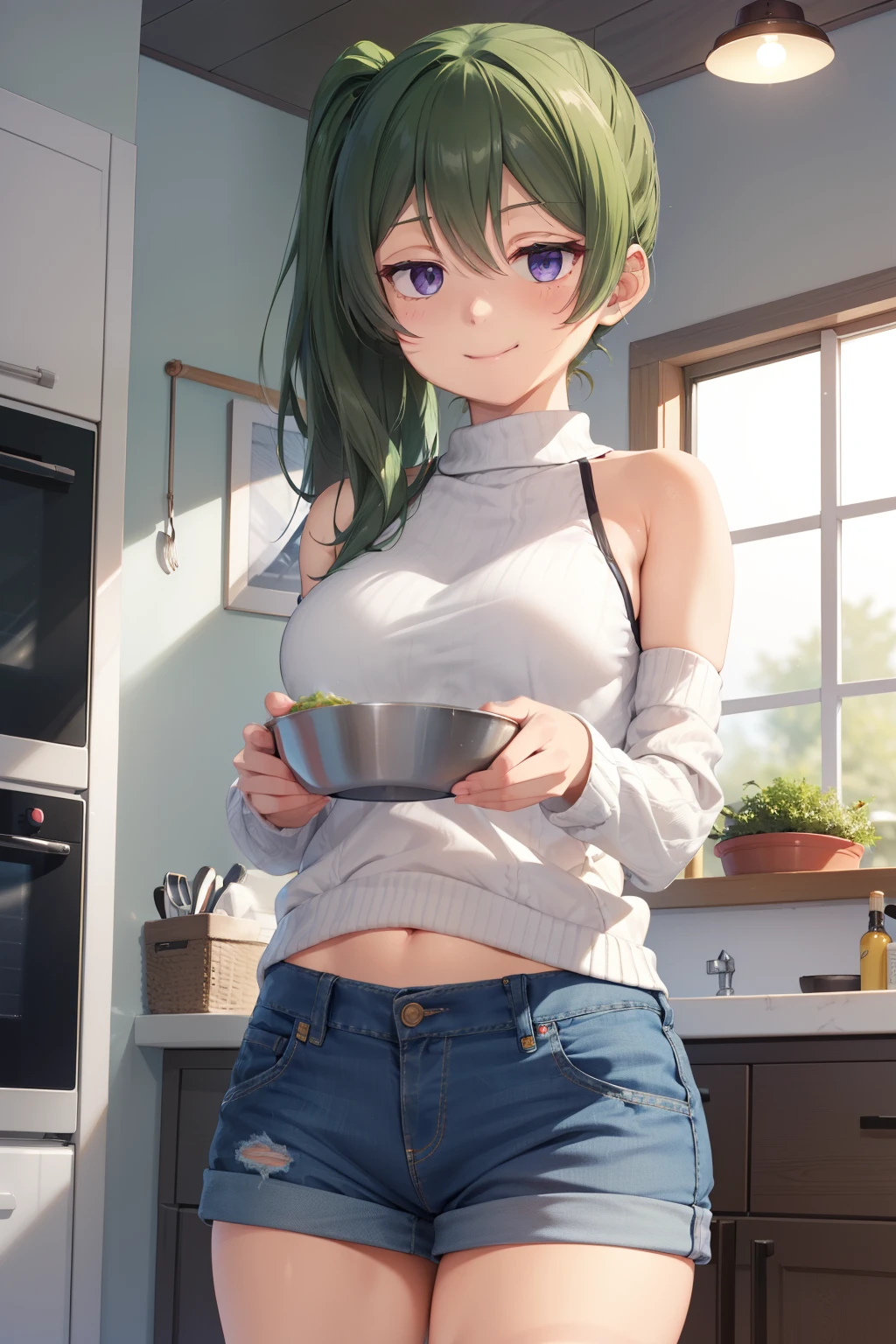 master piece, best quality, 8k, ultra high resolution, highest quality, anime style, best writing, beautiful face, 傑作
extreme close up, look at viewer, smile, blush, Yubel, long hair, Side ponytail
(White sweater:1.3), short camisole, (denim shorts:1.3), (Navel exposed:1.3), (Scrunchies on the arms:1.1), 
indoor, kitchen, (cooking:1.3)