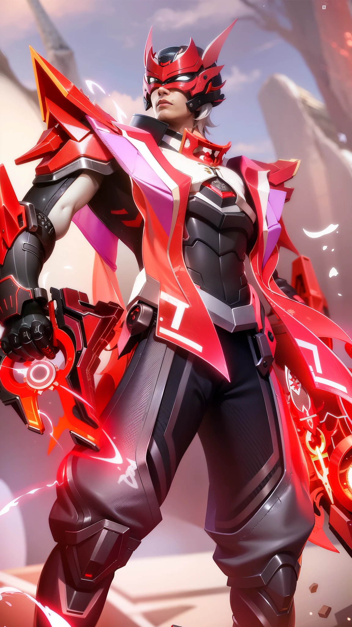masculine male, best quality, (semirealism:1.9), beautiful lighting, (extremely detailed CG unity 4k fhd wallpaper), High Detail, Sharp focus, dramatic outdoors, a close up of a person with a sword and a red and white outfit, heise jinyao, red aura, inspired by Huang Shen, red armor, crimson red aura, g liulian art style, keqing from genshin impact, official splash art, sharp silver armor fuchsia skin, ryuko matoi, onmyoji detailed art, 30 years old.