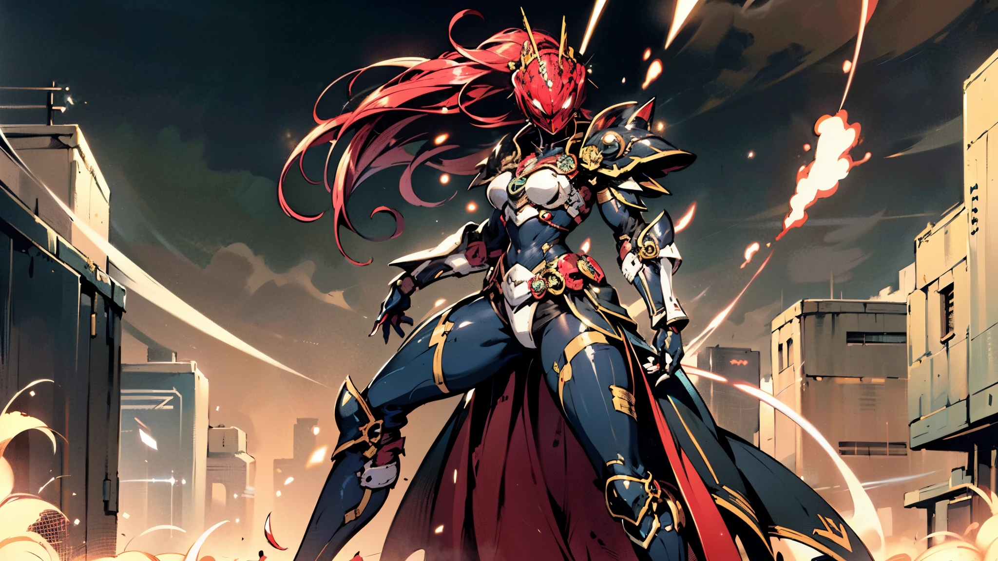 A woman adorned in fantasy-style full-body armor, a crown-concept fully enclosed helmet that unveils only her eyes, a composite layered chest plate, fully encompassing shoulder and hand guards, a lightweight waist armor, form-fitting shin guards, the overall design is heavy-duty yet flexible, ((the armor gleams with a golden glow, complemented by red and blue accents)), exhibiting a noble aura, she floats above a fantasy-surreal high-tech city, this character embodies a finely crafted fantasy-surreal style armored hero in anime style, exquisite and mature manga art style, (Queen bee mixed with Spider concept Armor, plasma, blood), ((Element, energy, elegant, goddess, femminine:1.5)), metallic, high definition, best quality, highres, ultra-detailed, ultra-fine painting, extremely delicate, professional, anatomically correct, symmetrical face, extremely detailed eyes and face, high quality eyes, creativity, RAW photo, UHD, 32k, Natural light, cinematic lighting, masterpiece-anatomy-perfect, masterpiece:1.5