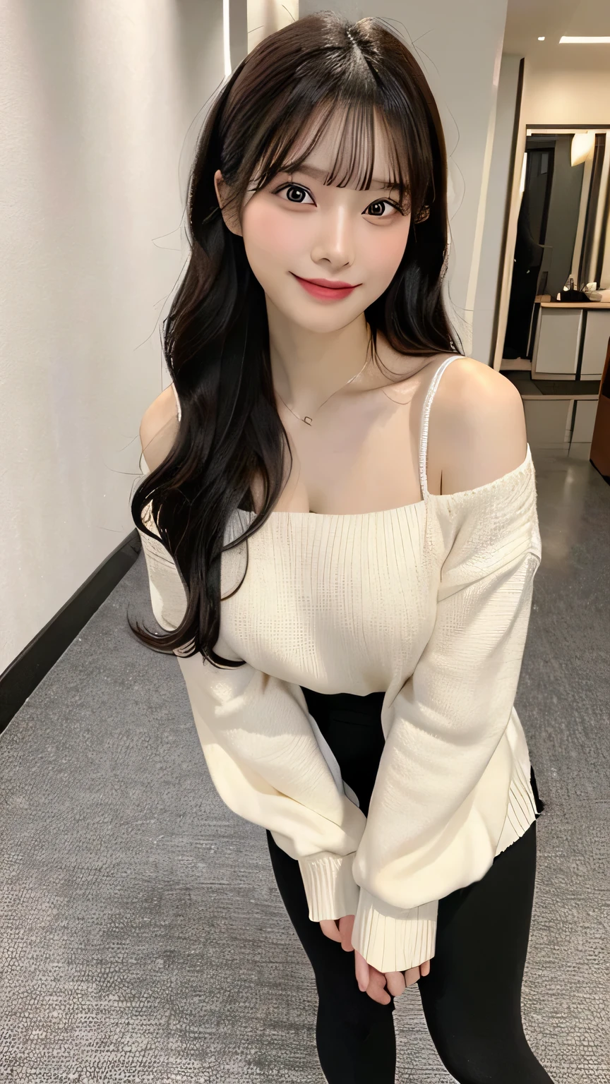 highest quality, Photoreal, finely, High resolution, 8k wallpaper, perfect dynamic composition, beautiful and detailed eyes, black hair、(Breast bulge 1.3)、laughter、adult beauty、Japanese、look at the person taking the photo、(red off-shoulder long knit sweater、black leggings、Beige Hair Band、straight long hair)、20 year old girl, Life、full body shot