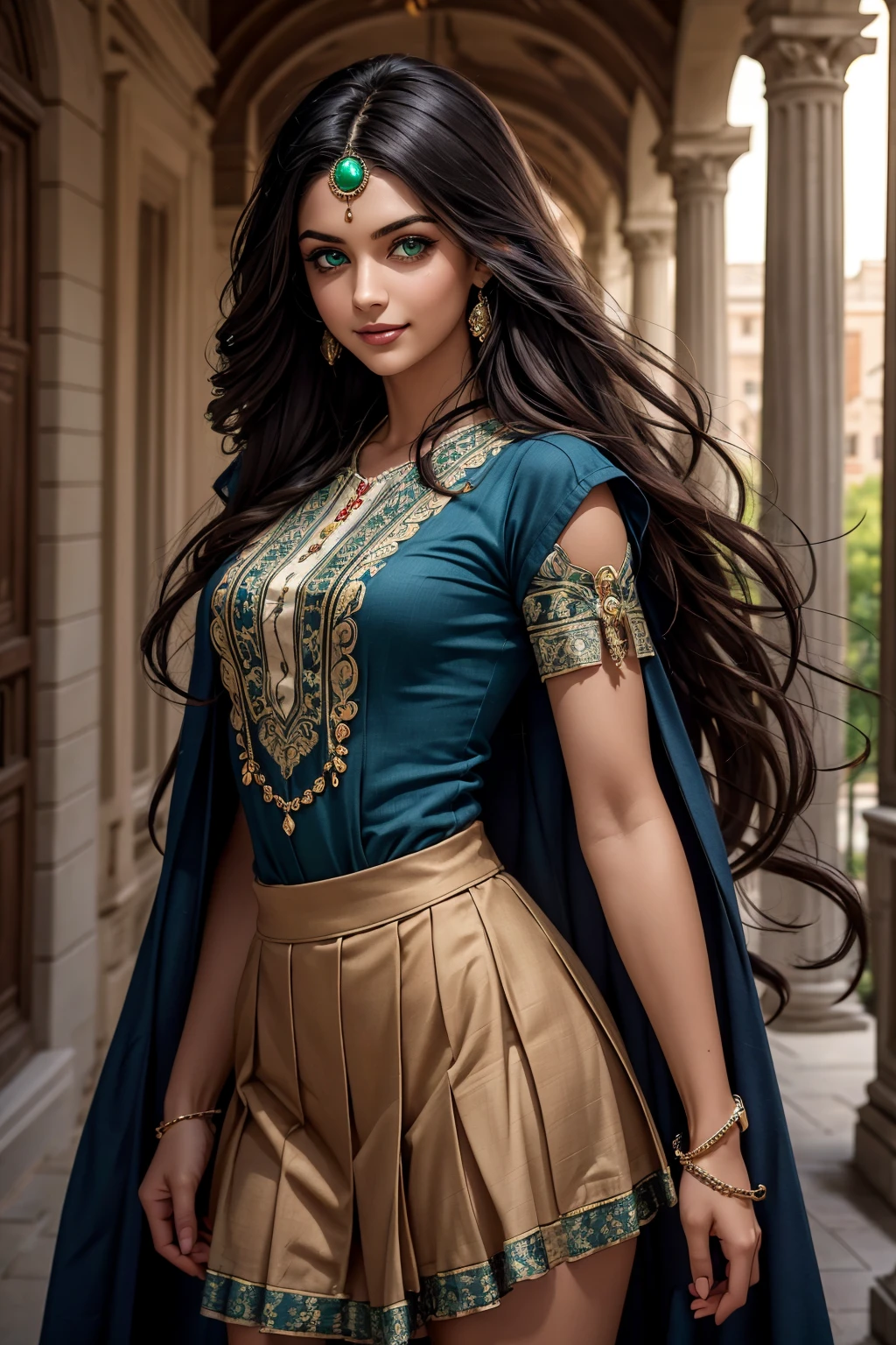 A stunning Indian beauty, with bright green eyes, with dark brown-black long wavy long hair, with mesmerizing feature with a Hopeful smiling expression, finely detailed eyes, happy mood masterpiece, top quality, best quality, official art, beautiful and aesthetic:1.2), (1girl), extreme detailed,(fractal art:1.3), colorful, highest detailed, (masterpiece, best quality:1.3) 1 bright-green-eyed woman, professional digital painting, Unreal Engine 5. Wearing a blue linen blouse. Wearing a black linen pleated ankle length skirt.