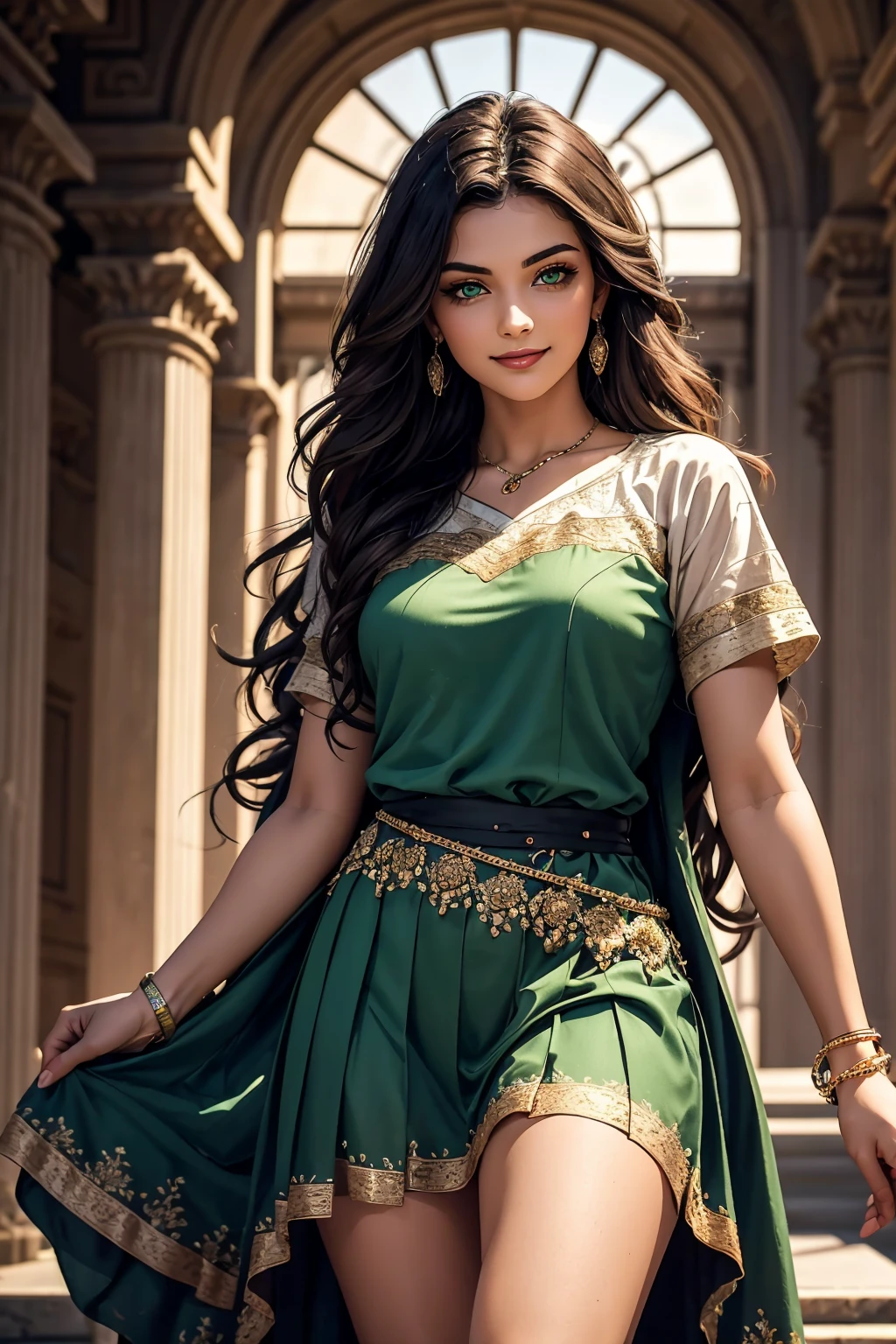 A stunning Indian beauty, with bright green eyes, with dark brown-black long wavy long hair, with mesmerizing feature with a Hopeful smiling expression, finely detailed eyes, happy mood masterpiece, top quality, best quality, official art, beautiful and aesthetic:1.2), (1girl), extreme detailed,(fractal art:1.3), colorful, highest detailed, (masterpiece, best quality:1.3) 1 bright-green-eyed woman, professional digital painting, Unreal Engine 5. Wearing a blue linen blouse. Wearing a black linen pleated ankle length skirt.