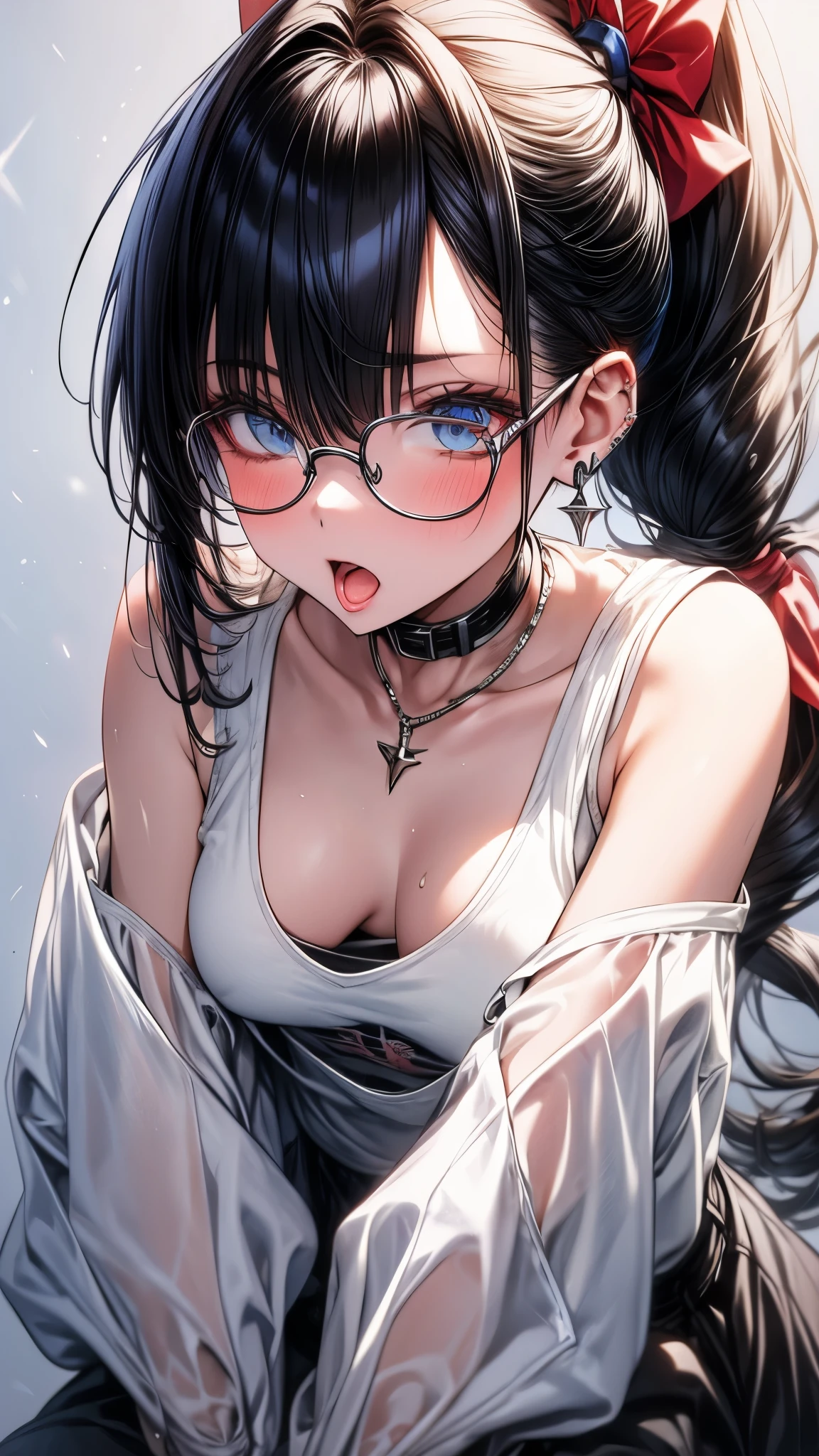 1 female,black hair, ,((impatient look)),beautiful breasts,thin white tank top,good style,,(facing the front)(((cheeks turn red、surprised expression)),(((Underponytail))),((( upper body portrait)))frameless glasses,blue eyes,(((The bangs are even)))((See-through))sexy bra(wet state)