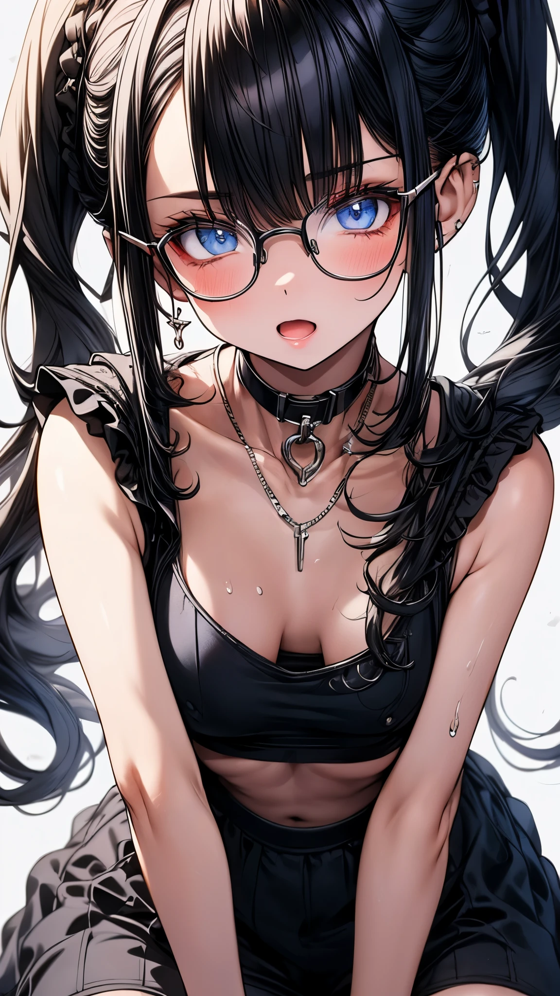 1 female,black hair, ,((impatient look)),beautiful breasts,thin white tank top,good style,,(facing the front)(((cheeks turn red、surprised expression)),(((Underponytail))),((( upper body portrait)))frameless glasses,blue eyes,(((The bangs are even)))((See-through))sexy bra(wet state)