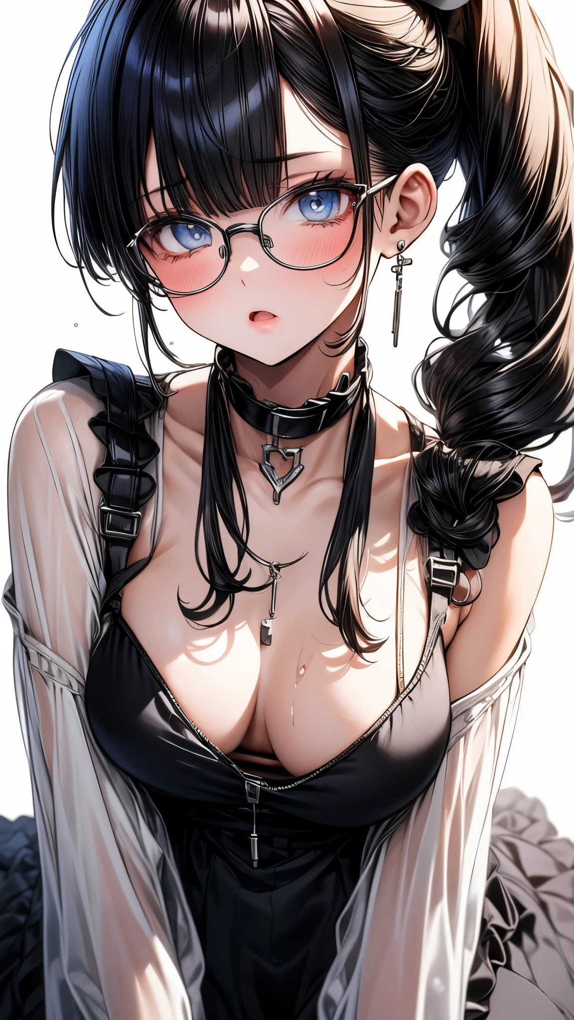 1 female,black hair, ,((impatient look)),beautiful breasts,thin white tank top,good style,,(facing the front)(((cheeks turn red、surprised expression)),(((Underponytail))),((( upper body portrait)))frameless glasses,blue eyes,(((The bangs are even)))((See-through))sexy bra(wet state)