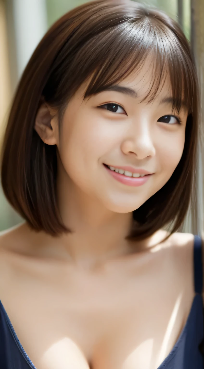 Japanese ),((beautiful girl)),cleavage,An expression that imagines something pleasant:1.2,(perfect body beauty:1.2),((perfect body)),(shy smile),beautiful teeth,