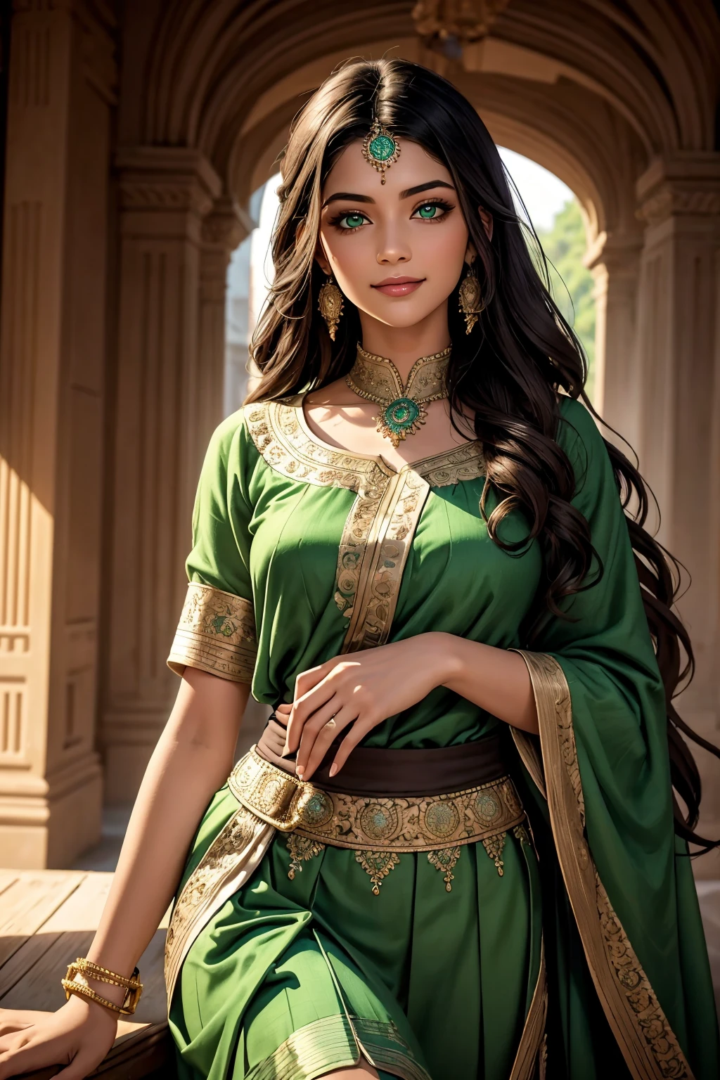 A stunning Indian beauty, with bright green eyes, with dark brown-black long wavy long hair, with mesmerizing feature with a Hopeful smiling expression, finely detailed eyes, happy mood masterpiece, top quality, best quality, official art, beautiful and aesthetic:1.2), (1girl), extreme detailed,(fractal art:1.3), colorful, highest detailed, (masterpiece, best quality:1.3) 1 bright-green-eyed woman, professional digital painting, Unreal Engine 5. Wearing a blue linen blouse. Wearing a black linen pleated ankle length skirt.