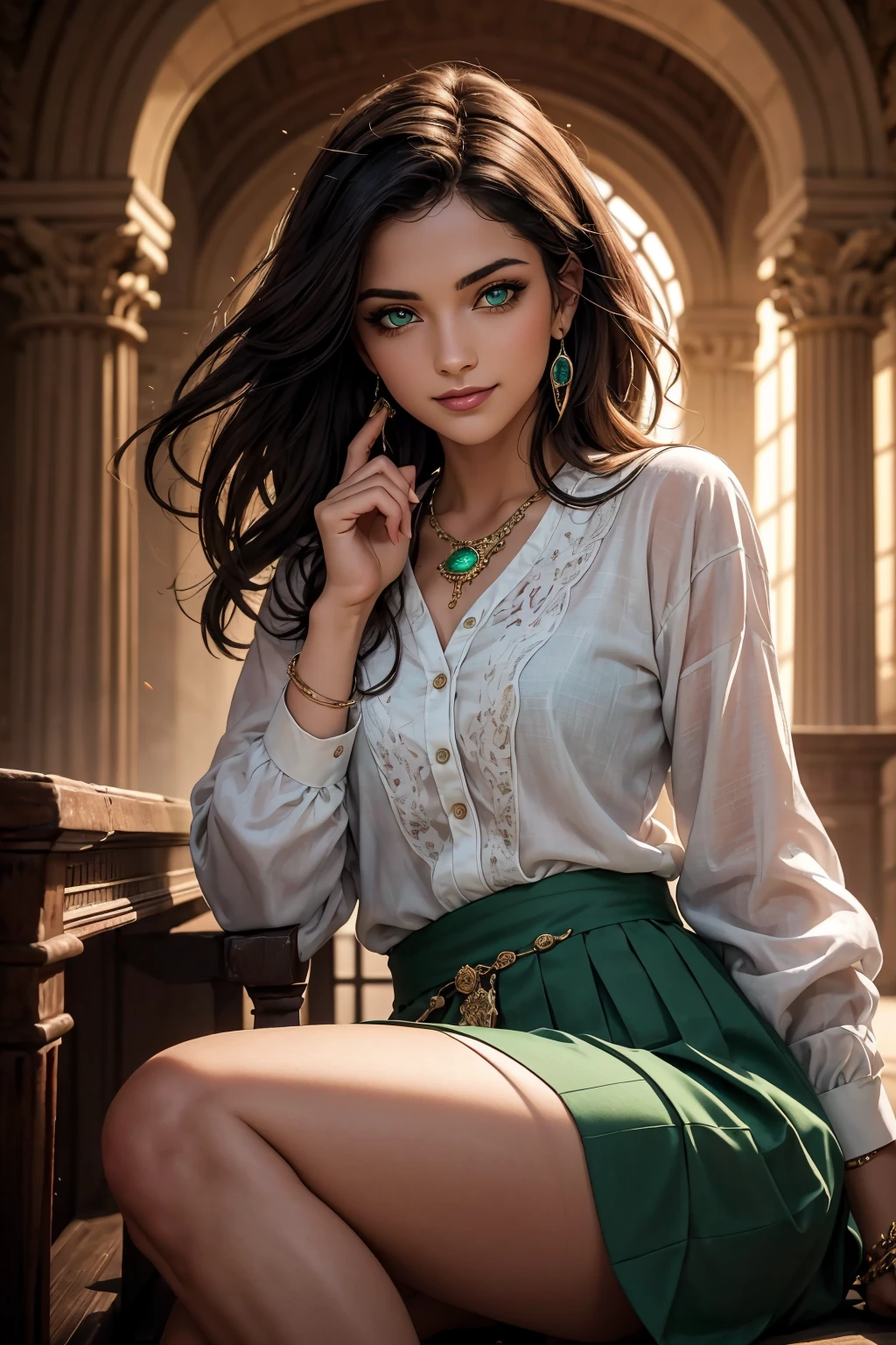 A stunning Indian beauty, with bright green eyes, with dark brown-black long wavy long hair, with mesmerizing feature with a Hopeful smiling expression, finely detailed eyes, happy mood masterpiece, top quality, best quality, official art, beautiful and aesthetic:1.2), (1girl), extreme detailed,(fractal art:1.3), colorful, highest detailed, (masterpiece, best quality:1.3) 1 bright-green-eyed woman, professional digital painting, Unreal Engine 5. Wearing a blue linen blouse. Wearing a black linen pleated ankle length skirt.