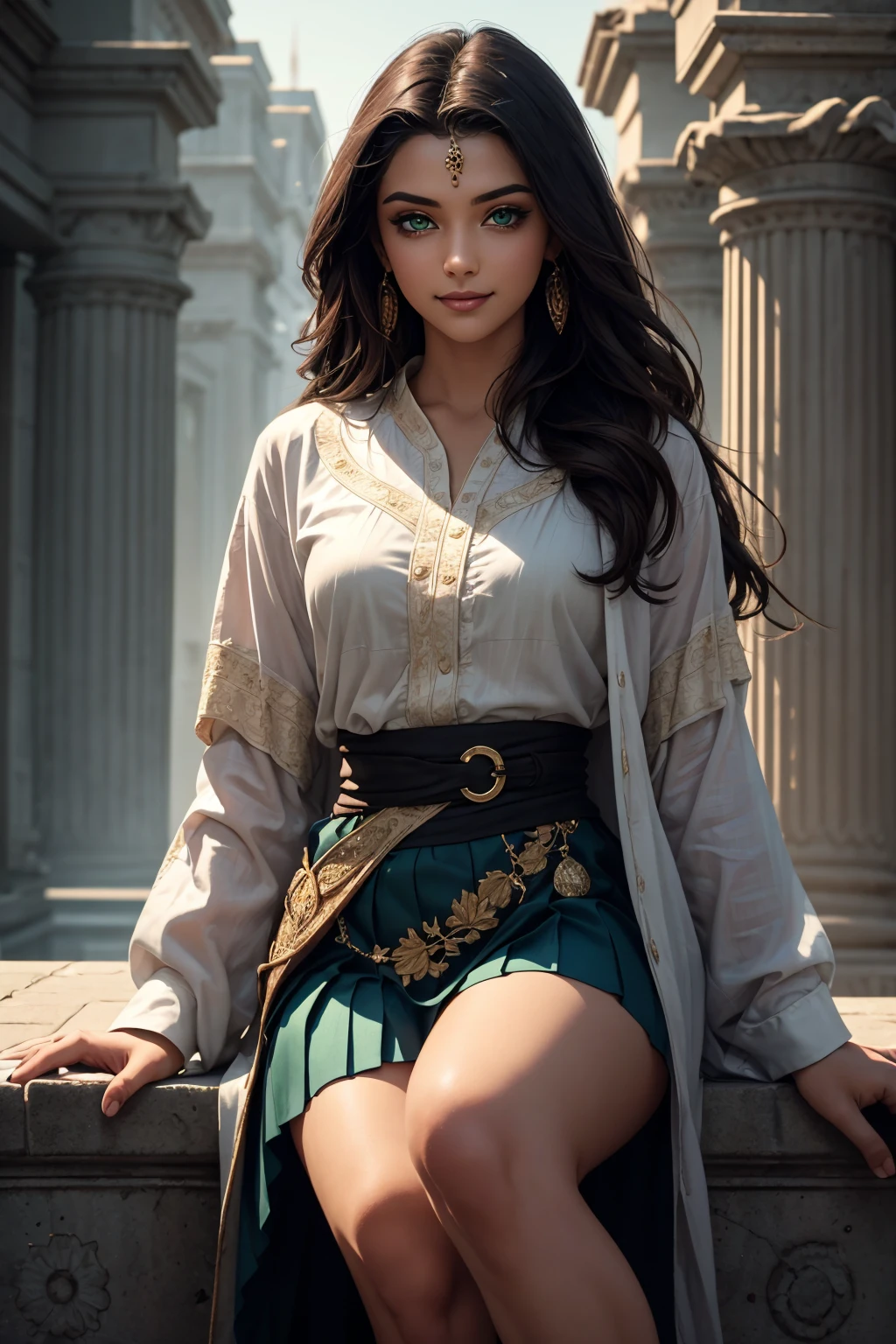 A stunning Indian beauty, with bright green eyes, with dark brown-black long wavy long hair, with mesmerizing feature with a Hopeful smiling expression, finely detailed eyes, happy mood masterpiece, top quality, best quality, official art, beautiful and aesthetic:1.2), (1girl), extreme detailed,(fractal art:1.3), colorful, highest detailed, (masterpiece, best quality:1.3) 1 bright-green-eyed woman, professional digital painting, Unreal Engine 5. Wearing a blue linen blouse. Wearing a black linen pleated ankle length skirt.