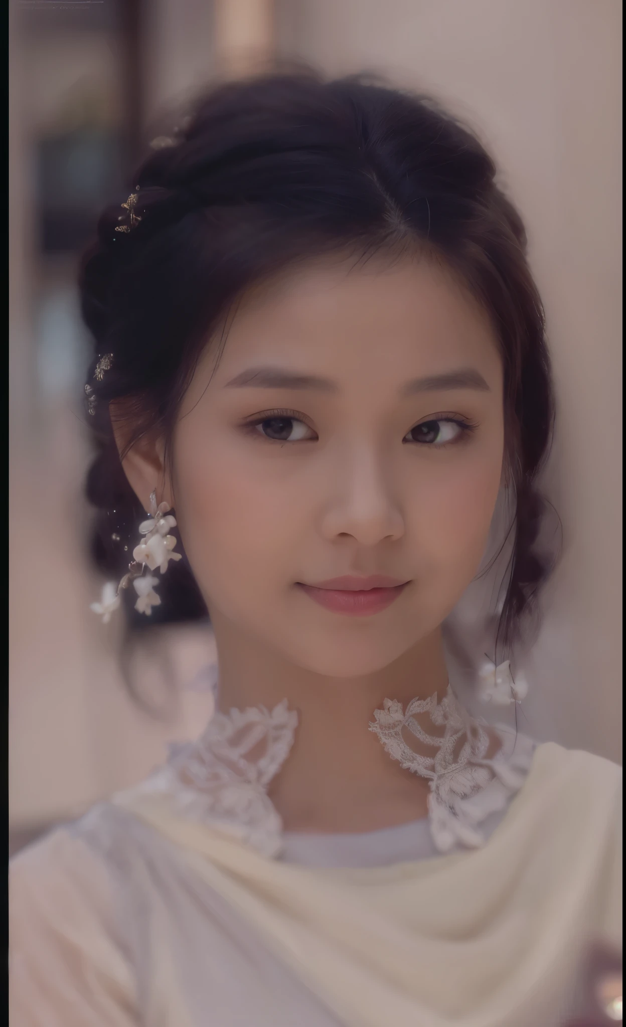 "(best quality,highres,photorealistic),an Asian woman,wearing a white Javanese kebaya,detailed embroidery,traditional clothing,beautifully draped,fine lacework,ornate patterns,delicate fabric,subtle elegance,loose-fitting,flowing silhouette,intricate beaded accessories,pearl earrings,braided hair adorned with flowers,warm natural lighting,serene expression,vibrant colors,authentic cultural representation"