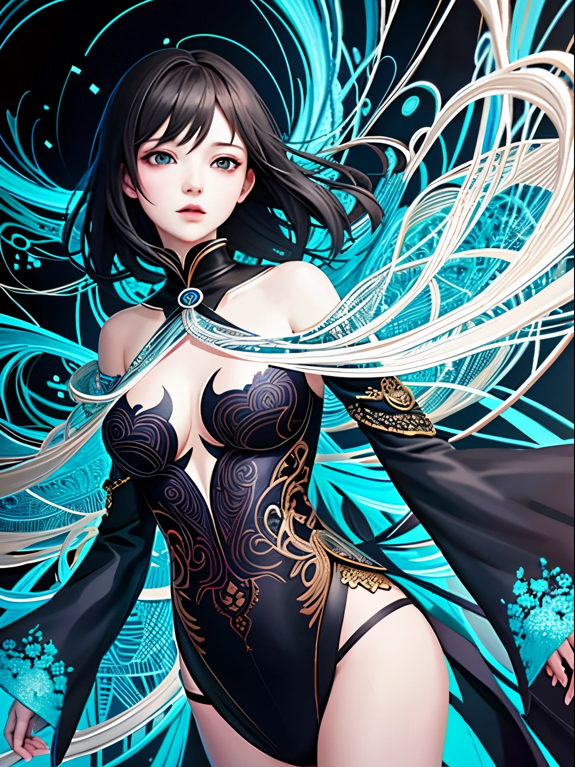 one woman:2,official art, unity 8k wallpaper, ultra detailed, beautiful and aesthetic, masterpiece, best quality, (zentangle, mandala, tangle, entangle), (fractal art:1.3) , 1girl, extremely detailed, dynamic angle, cowboyshot, the most beautiful form of chaos, elegant, a brutalist designed, vivid colours, romanticism, by james jean, roby dwi antono, ross tran, francis bacon, michal mraz, adrian ghenie, petra cortright, gerhard richter, takato yamamoto, ashley wood, atmospheric, ecstasy of musical notes, streaming musical notes visible,