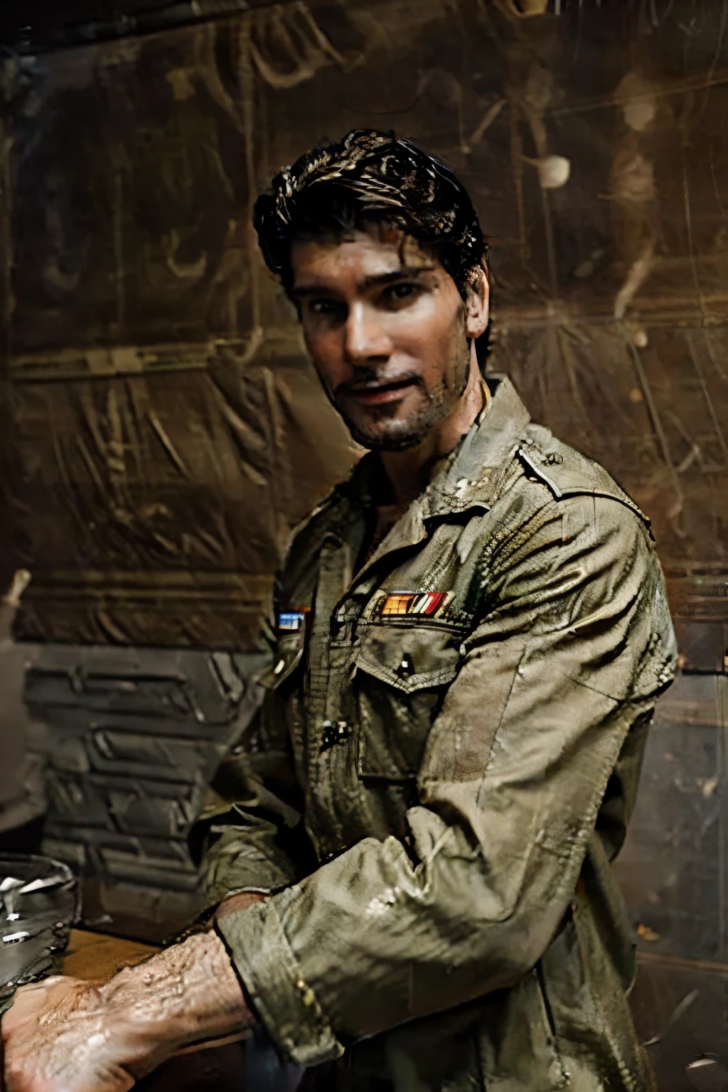 a tall handsome male colonel, army officer, cheeky smile, masterpiece, photo realistic, bar scene, pub, wedding reception, hyper realistic, futuristic officers bar