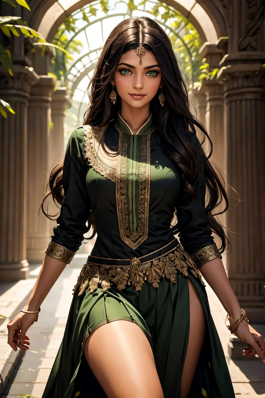 A stunning Indian beauty, with bright green eyes, with dark brown-black long wavy long hair, with mesmerizing feature with a Hopeful smiling expression, finely detailed eyes, happy mood masterpiece, top quality, best quality, official art, beautiful and aesthetic:1.2), (1girl), extreme detailed,(fractal art:1.3), colorful, highest detailed, (masterpiece, best quality:1.3) 1 bright-green-eyed woman, professional digital painting, Unreal Engine 5. Wearing a blue linen blouse. Wearing a black linen pleated ankle length skirt.