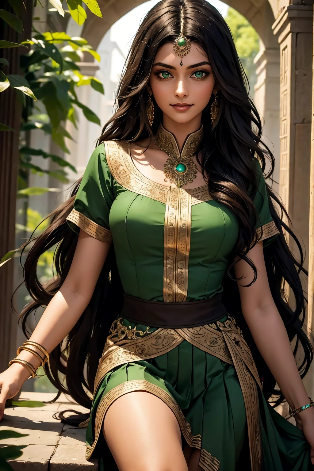 A stunning Indian beauty, with bright green eyes, with dark brown-black long wavy long hair, with mesmerizing feature with a Hopeful smiling expression, finely detailed eyes, happy mood masterpiece, top quality, best quality, official art, beautiful and aesthetic:1.2), (1girl), extreme detailed,(fractal art:1.3), colorful, highest detailed, (masterpiece, best quality:1.3) 1 bright-green-eyed woman, professional digital painting, Unreal Engine 5. Wearing a blue linen blouse. Wearing a black linen pleated ankle length skirt.