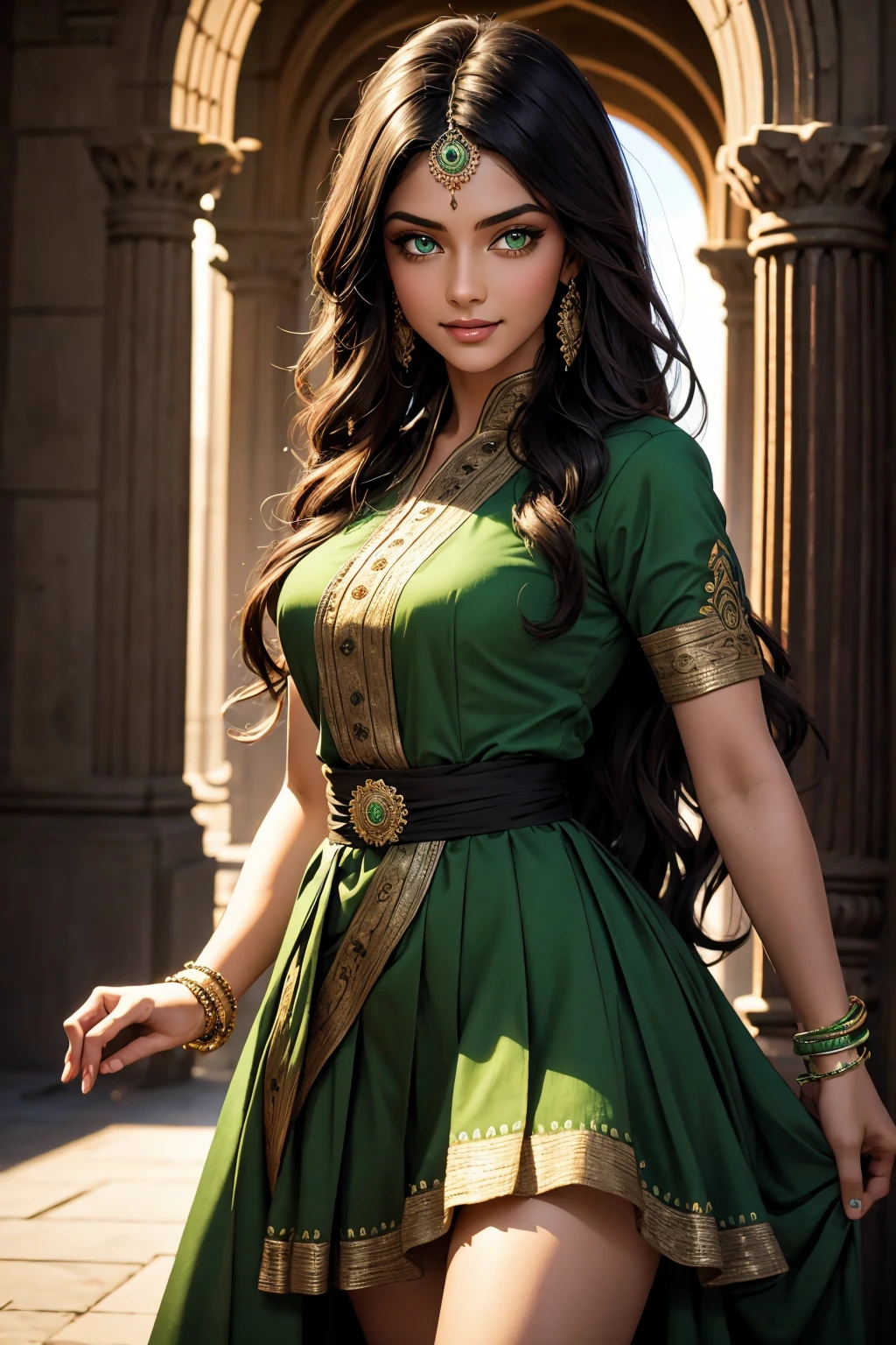 A stunning Indian beauty, with bright green eyes, with dark brown-black long wavy long hair, with mesmerizing feature with a Hopeful smiling expression, finely detailed eyes, happy mood masterpiece, top quality, best quality, official art, beautiful and aesthetic:1.2), (1girl), extreme detailed,(fractal art:1.3), colorful, highest detailed, (masterpiece, best quality:1.3) 1 bright-green-eyed woman, professional digital painting, Unreal Engine 5. Wearing a blue linen blouse. Wearing a black linen pleated ankle length skirt.