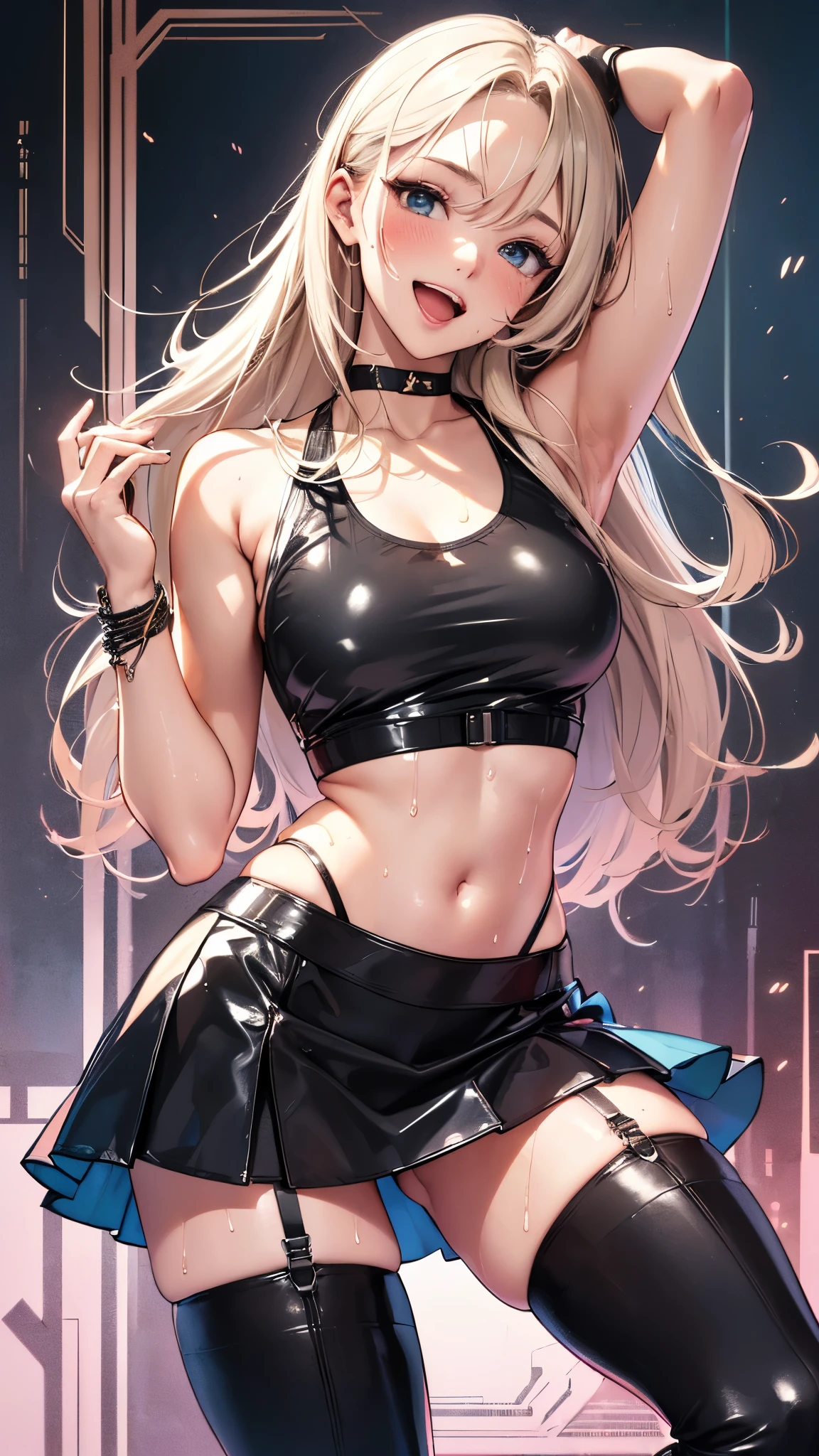 1 female,golden hair,25 years old,(((blue shiny micro tight skirt)))((white tank top))(((blush、open mouth smile)),(((straight hair))),(((portrait))),crowd,,(wet with sweat)(sexy black bra and see-through tank top)()(((small breasts)))leather thigh high boots