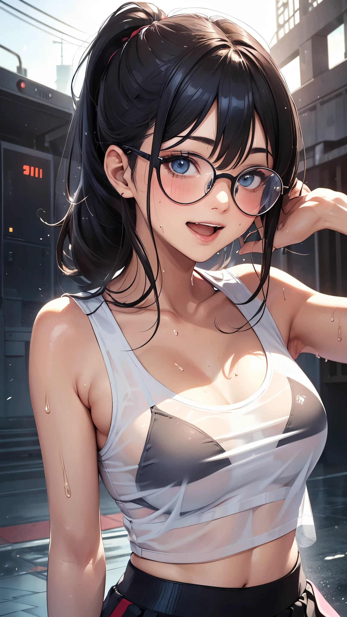 1 female,black hair,25 years old,(((blue shiny micro tight skirt)))((white tank top))(((blush、open mouth smile)),(((straight hair))),(((portrait))),crowd,,(wet with sweat)(sexy black bra and see-through tank top)(Glasses)(((small breasts)))((low ponytail))