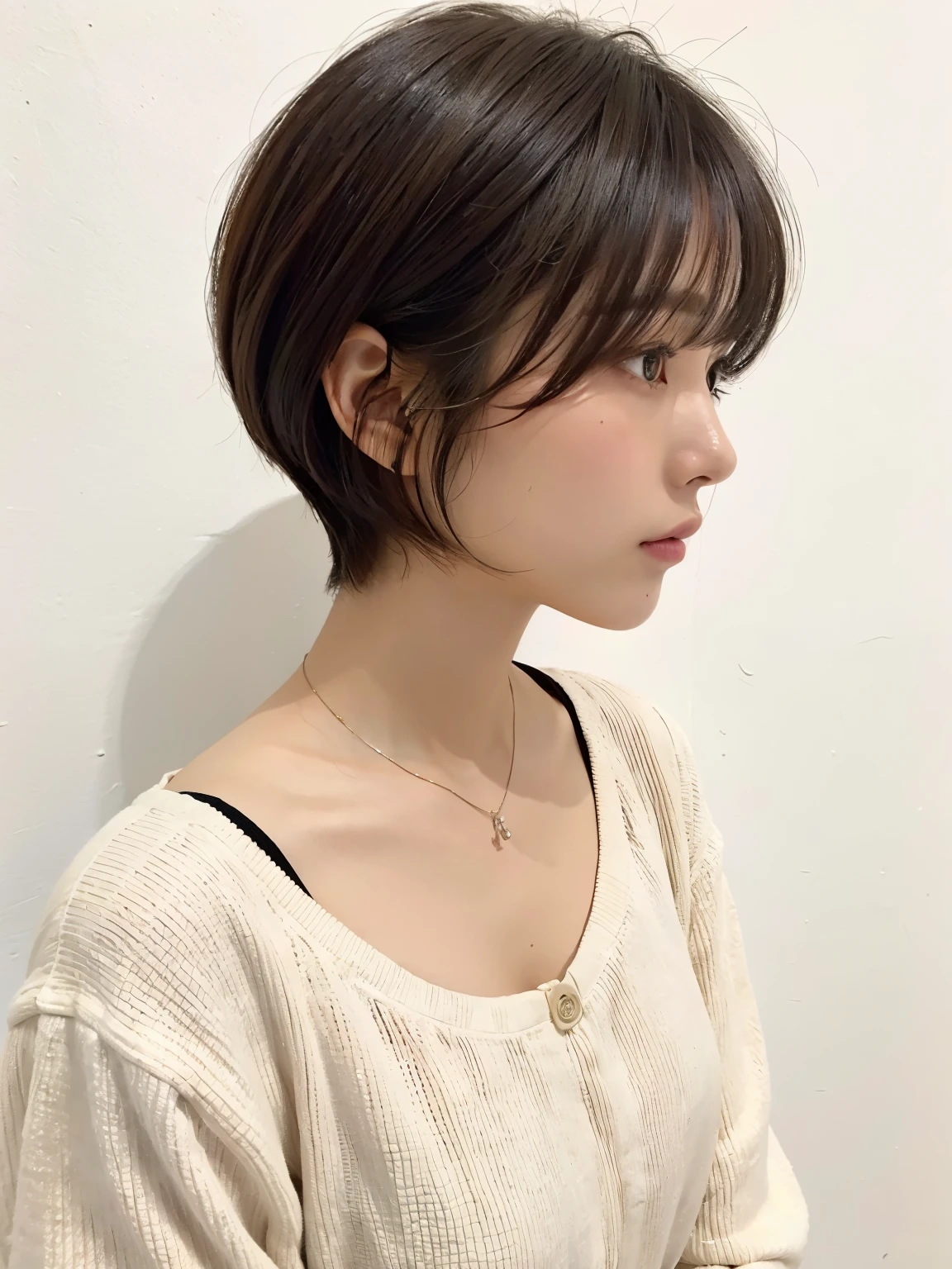 white wall、Taken in front of the white door、(窓のあるwhite wallの部屋)、shot in natural light、Highly detailed face and skin texture、highly detailed lips、correct state of the human body、超A high resolution、(Photoreal:1.4)、top quality, 1 beautiful woman, 28 years old, s, 35mm lens、yellow long sleeve dress、(dark brown medium short hair)、black haired、Japanese woman with short cut、(dark brown hair)、Various poses、don&#39;t look at the camera、profile、natural color lip、spring clothes、 necklace