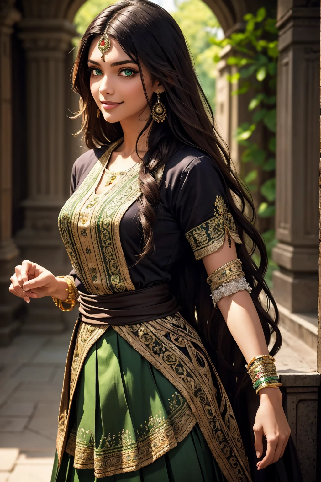 A stunning Indian beauty, with bright green eyes, with dark brown-black long wavy long hair, with mesmerizing feature with a Hopeful smiling expression, finely detailed eyes, happy mood masterpiece, top quality, best quality, official art, beautiful and aesthetic:1.2), (1girl), extreme detailed,(fractal art:1.3), colorful, highest detailed, (masterpiece, best quality:1.3) 1 bright-green-eyed woman, professional digital painting, Unreal Engine 5. Wearing a blue linen blouse. Wearing a black linen pleated ankle length skirt.