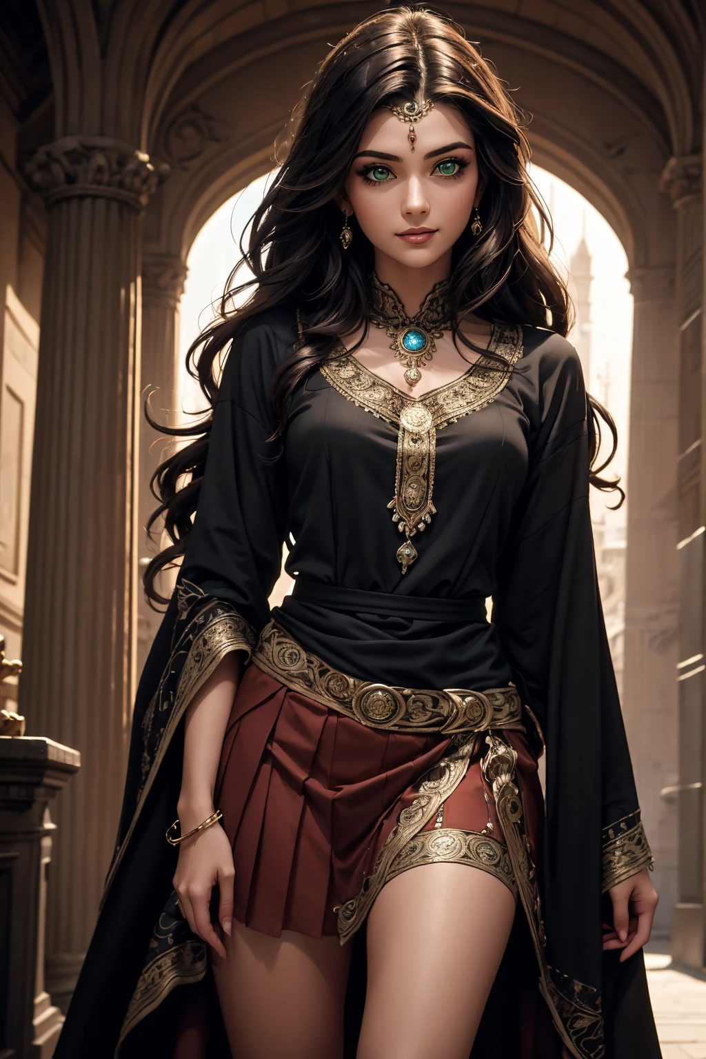 A stunning Indian beauty, with bright green eyes, with dark brown-black long wavy long hair, with mesmerizing feature with a Hopeful smiling expression, finely detailed eyes, happy mood masterpiece, top quality, best quality, official art, beautiful and aesthetic:1.2), (1girl), extreme detailed,(fractal art:1.3), colorful, highest detailed, (masterpiece, best quality:1.3) 1 bright-green-eyed woman, professional digital painting, Unreal Engine 5. Wearing a blue linen blouse. Wearing a black linen pleated ankle length skirt.