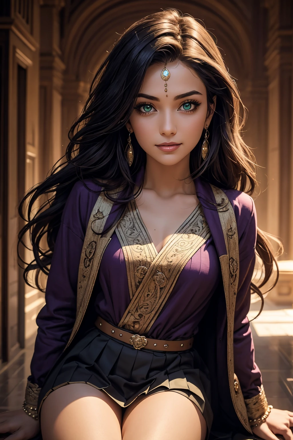 A stunning Indian beauty, with bright green eyes, with dark brown-black long wavy long hair, with mesmerizing feature with a Hopeful smiling expression, finely detailed eyes, happy mood masterpiece, top quality, best quality, official art, beautiful and aesthetic:1.2), (1girl), extreme detailed,(fractal art:1.3), colorful, highest detailed, (masterpiece, best quality:1.3) 1 bright-green-eyed woman, professional digital painting, Unreal Engine 5. Wearing a blue linen blouse. Wearing a black linen pleated ankle length skirt.
