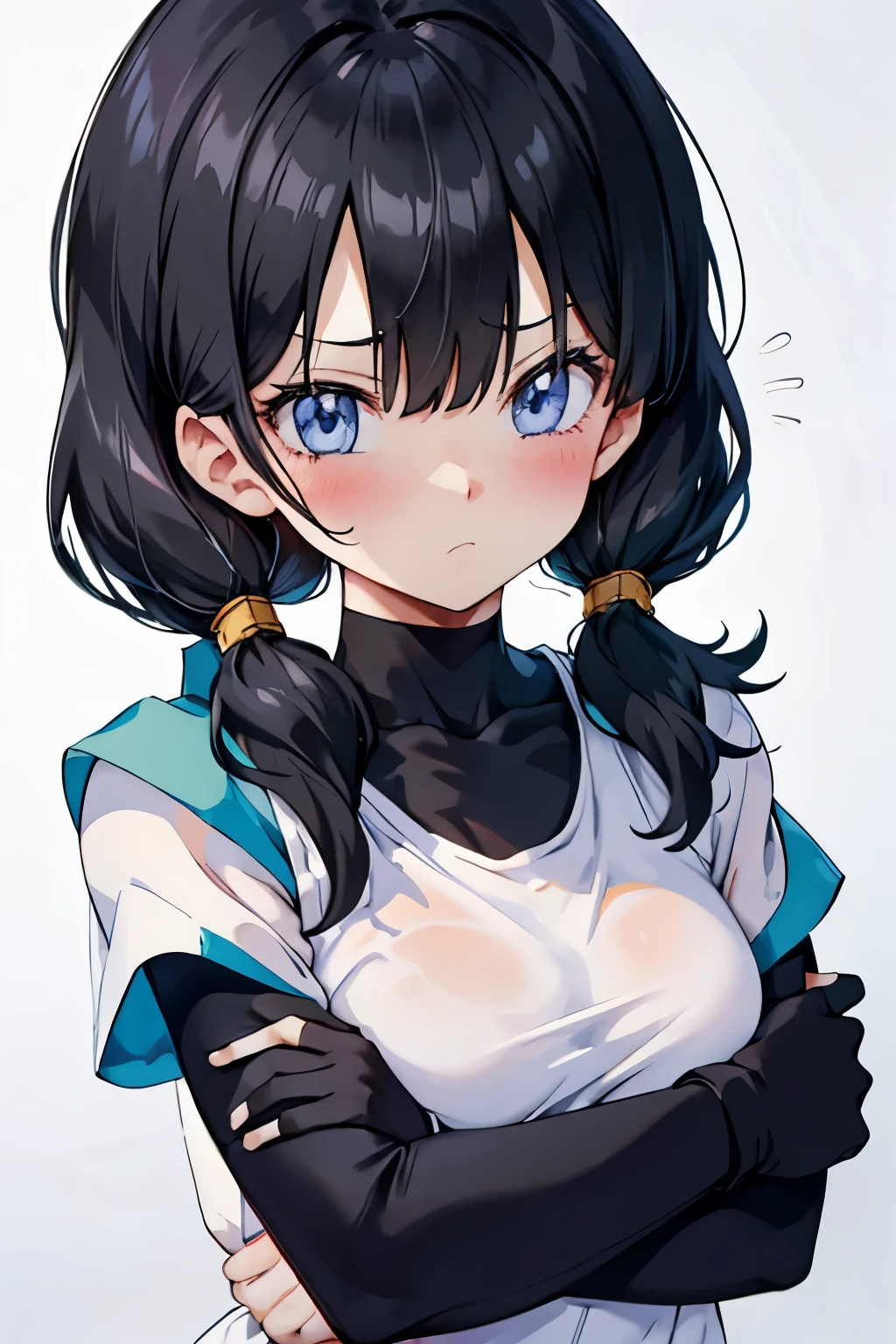 hug each other２people　Follow-up force　have your neck licked　sweaty　beautiful girl　black hairの　shoulder out,saw 2, blue eyes, black hair, Low twintails and short cut, medium breasts, frown,blush,Black tight suit, streak,