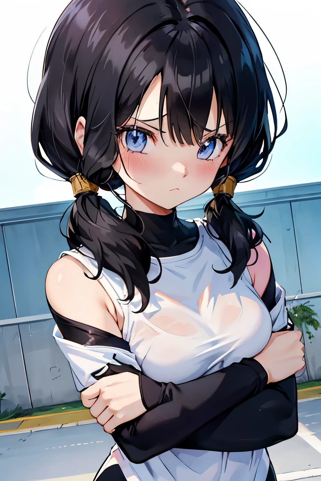 hug each other２people　Follow-up force　have your neck licked　sweaty　beautiful girl　black hairの　shoulder out,saw 2, blue eyes, black hair, Low twintails and short cut, medium breasts, frown,blush,Black tight suit, streak,