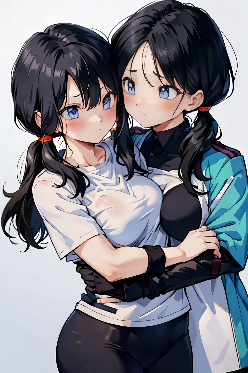 hug each other２people,Follow-up force,have your neck licked,sweaty,beautiful girl,saw 2, blue eyes, black hair, Low twintails and short cut, medium breasts, frown,blush,Black tight suit, streak,