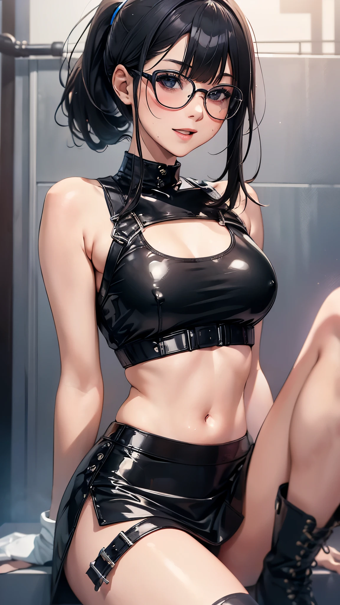 1 female,black hair,25 years old,(((blue shiny micro tight skirt)))((white tank top))(((blush、open mouth smile)),(((straight hair))),(((portrait))),crowd,,(wet with sweat)(sexy black bra and see-through tank top)(Glasses)(((small breasts)))((low ponytail))leather thigh high boots