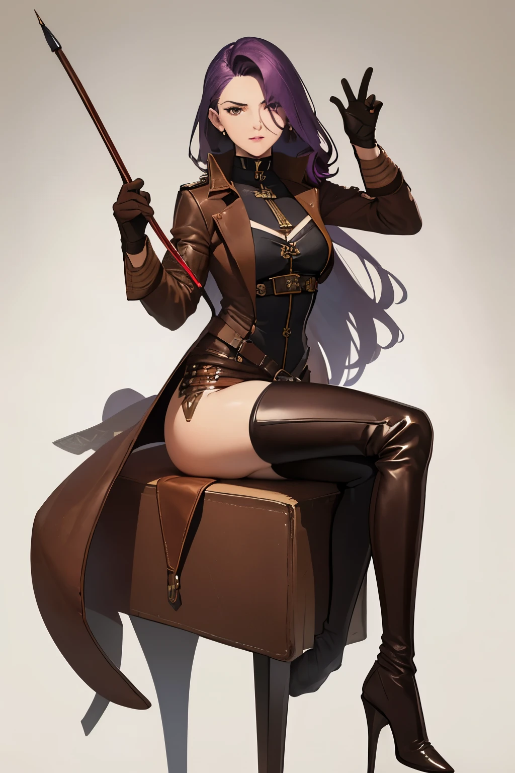 defsonya, purple hair, (((full body))), jodhpurs, riding pants, tight pants, (pants), beige pants riding coat, (((tailcoat))), red tailcoat, equestrian, equestrienne, ((riding crop)), (((brown leather thigh high boots))), (((brown leather thigh-high boots))), (((brown boots))), (((brown leather gloves))), ((opera gloves)), gloves, ((jockey)), heel being shown, using riding crop, ((stiletto heel)), pointy heel, ((sitting on saddle)), ((brown saddle)), ((riding saddle)), legs across saddle, sitting pretty, White background, no background