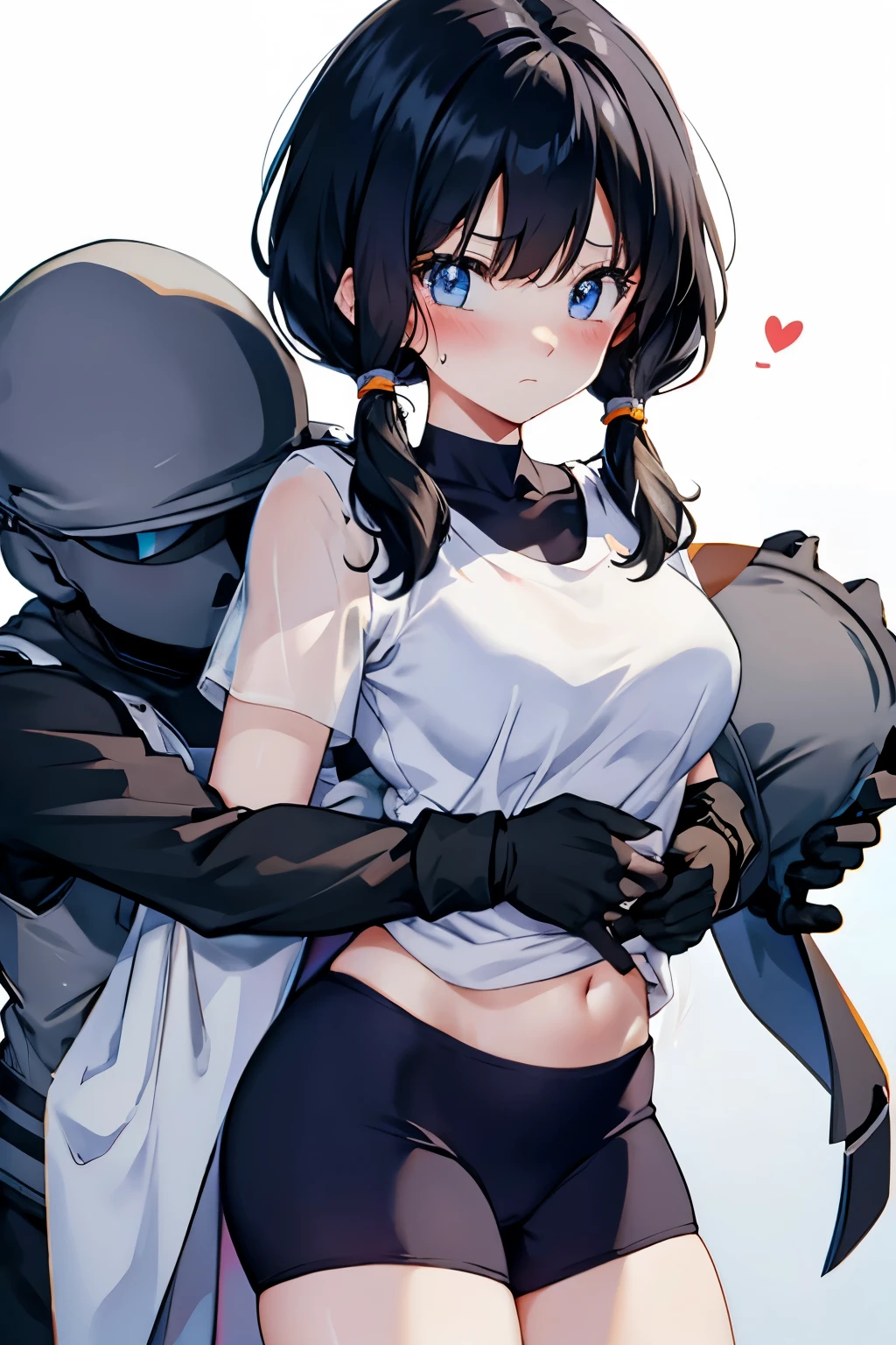 hug each other2people,Follow-up force,have your neck licked,sweaty,beautiful girl,saw 2, blue eyes, black hair, Low twintails and short cut, medium breasts, frown,blush,Black tight suit, streak,